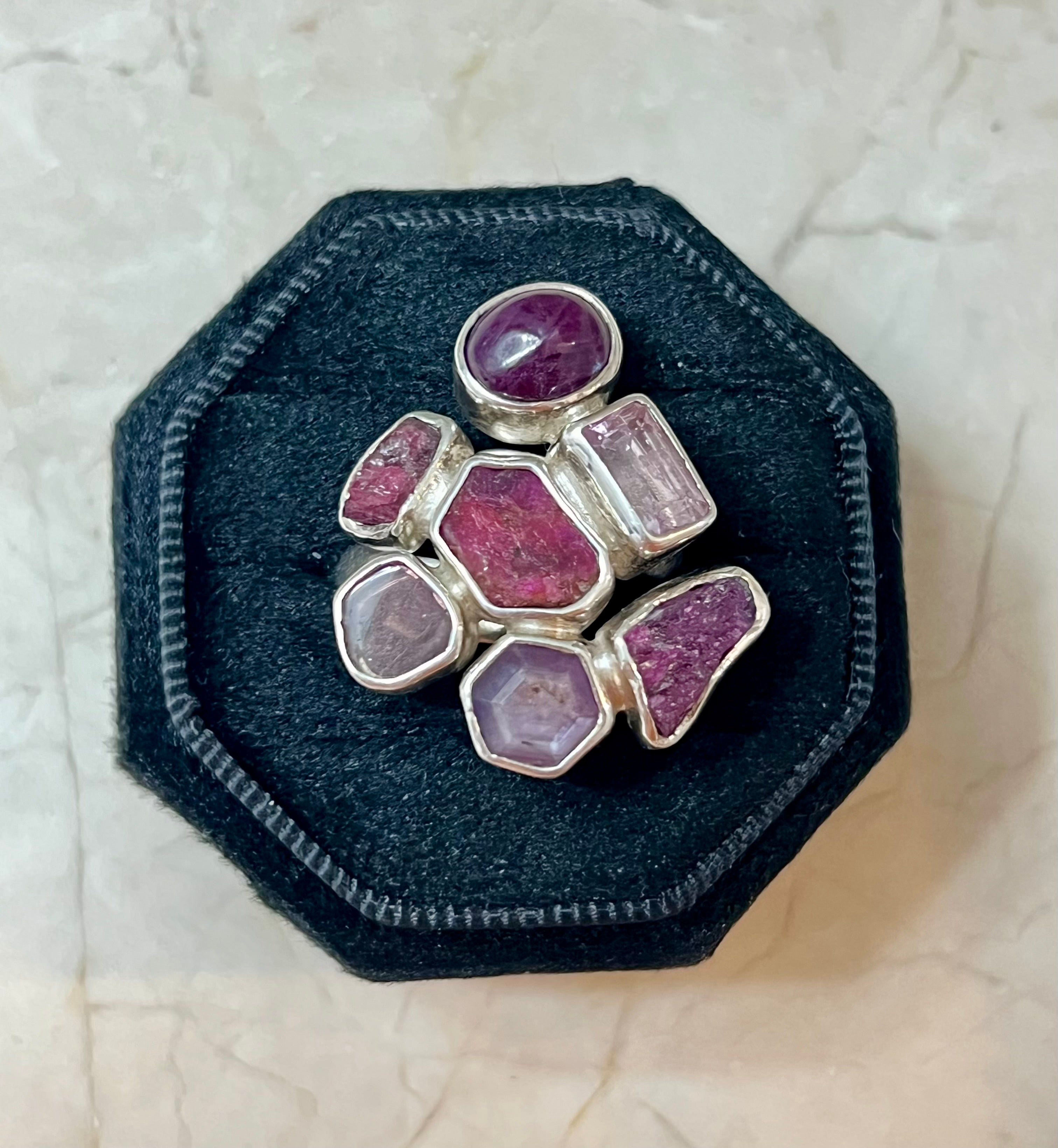 Amethyst Cluster Sterling Silver Ring Adjustable