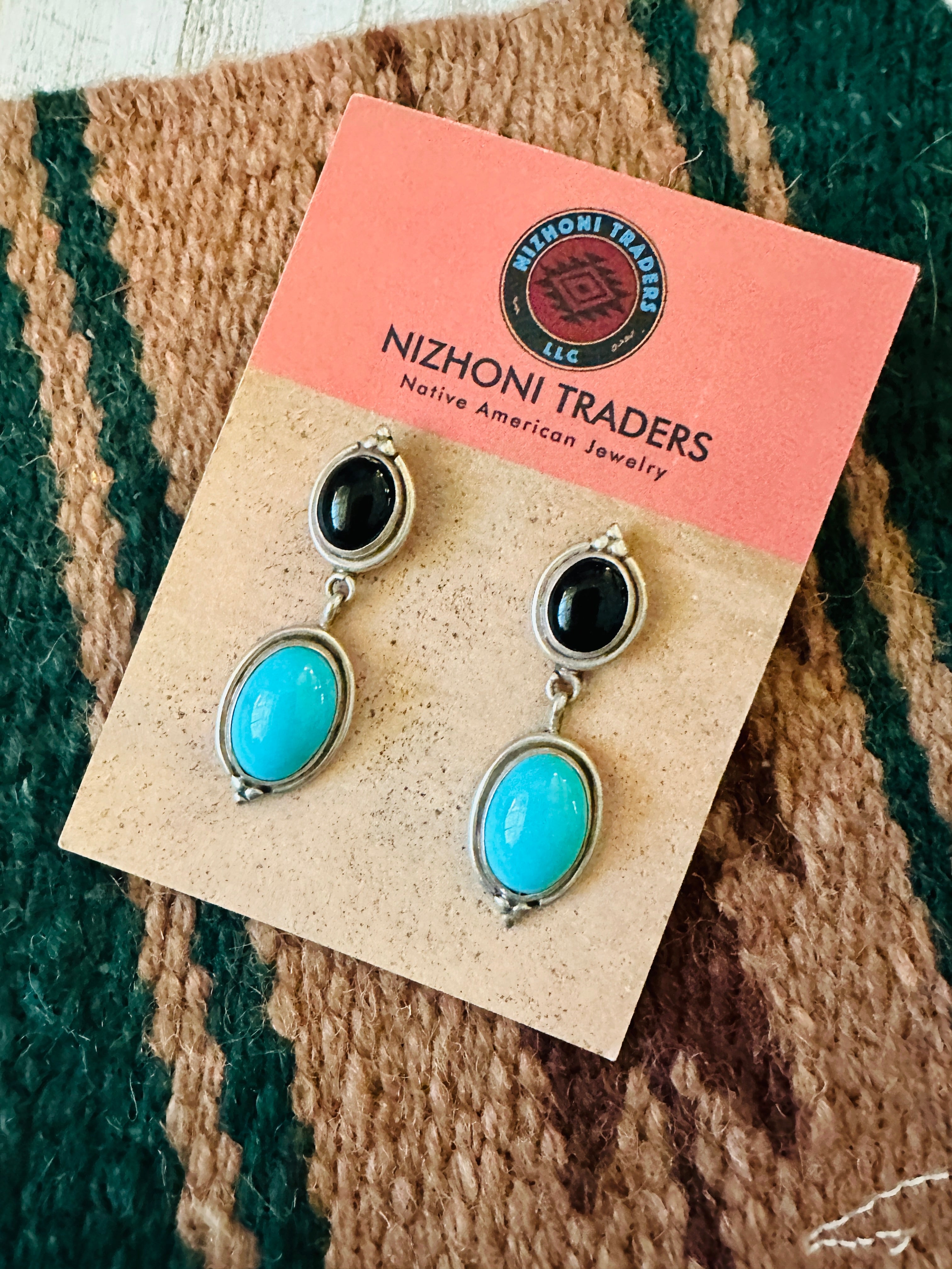 Navajo Sterling Silver, Turquoise & Onyx Dangle Earrings