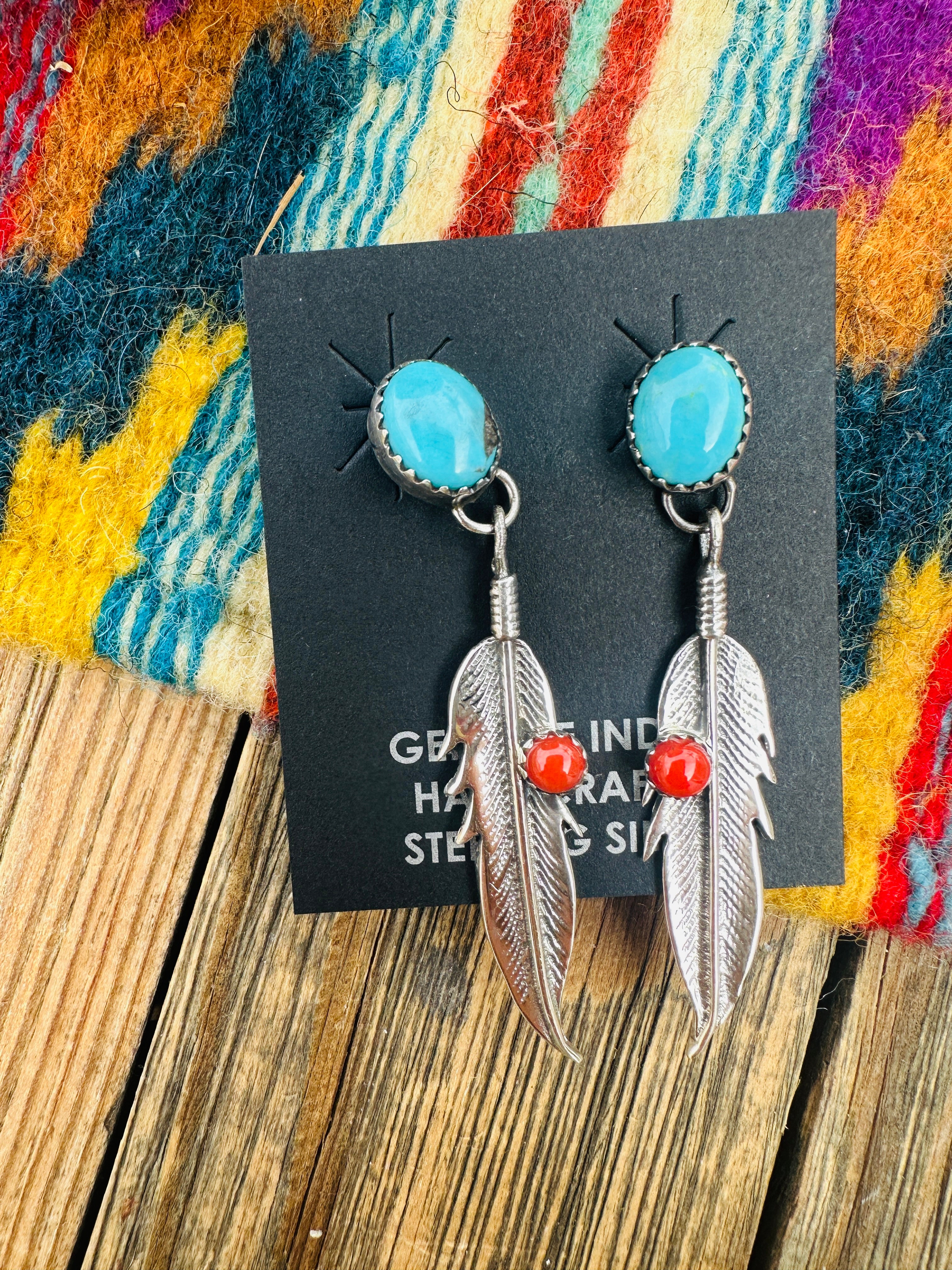 Handcrafted Turquoise, Coral & Sterling Silver Feather Dangle Earrings
