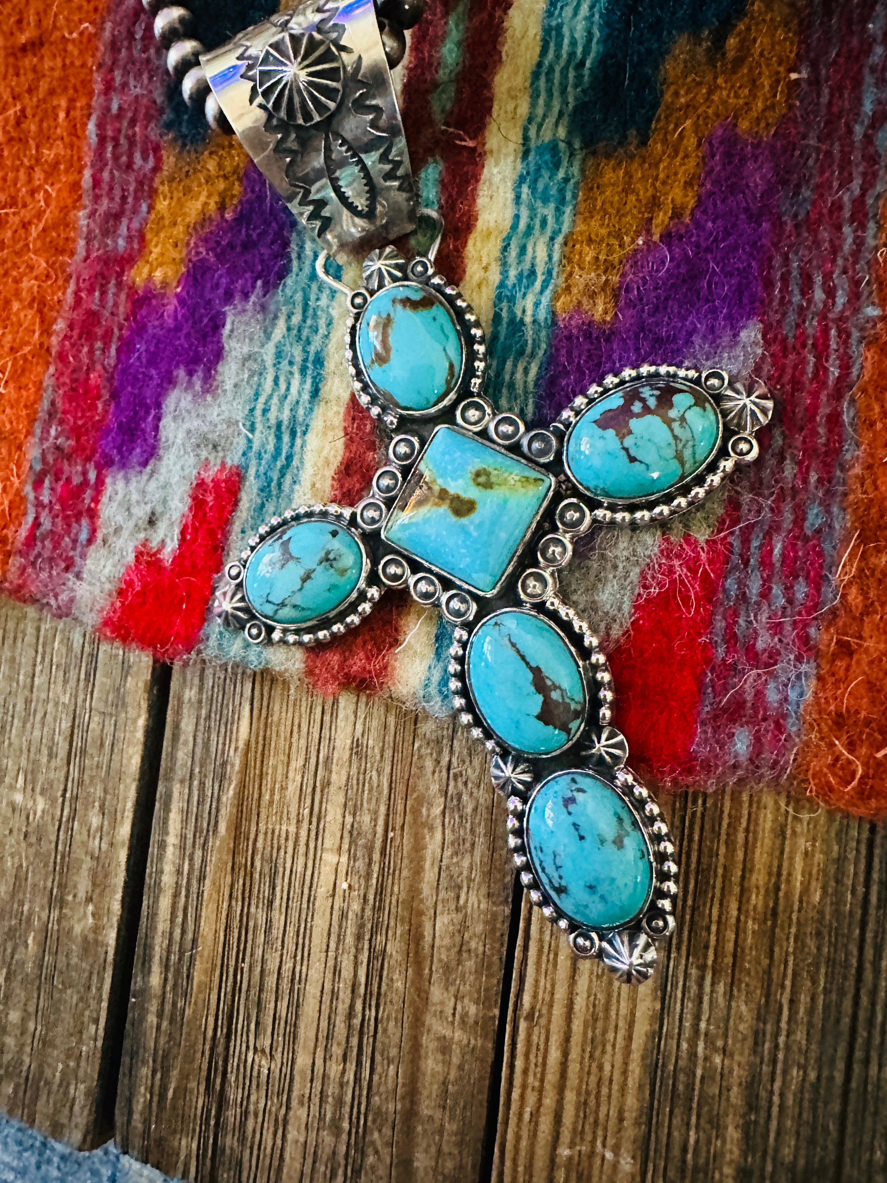 Handcrafted Sterling Silver & Kingman Turquoise Cross Pendant by Rosella Paxson