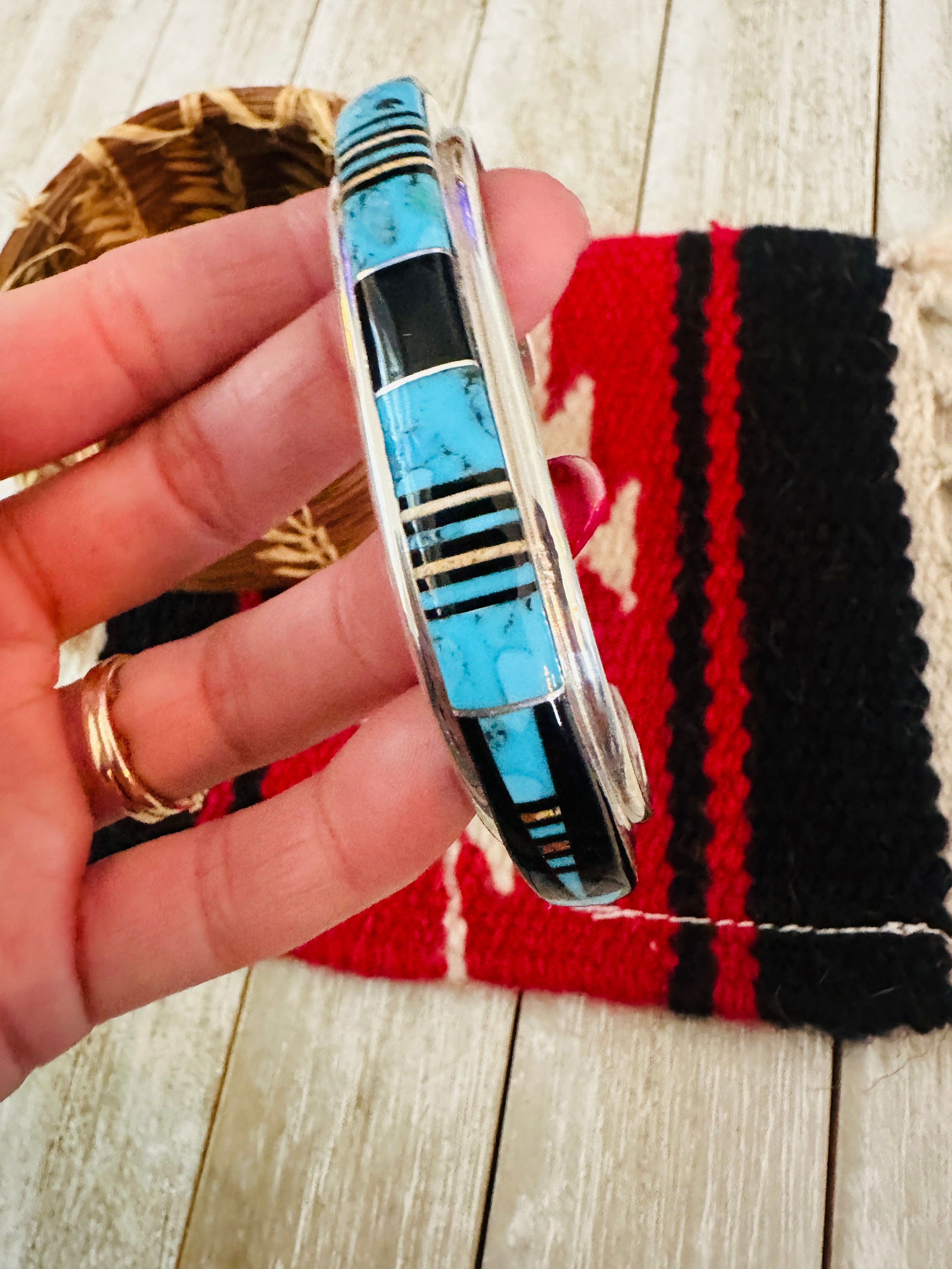 Handcrafted Multi Stone & Sterling Silver Inlay Cuff Bracelet by Ray Jack