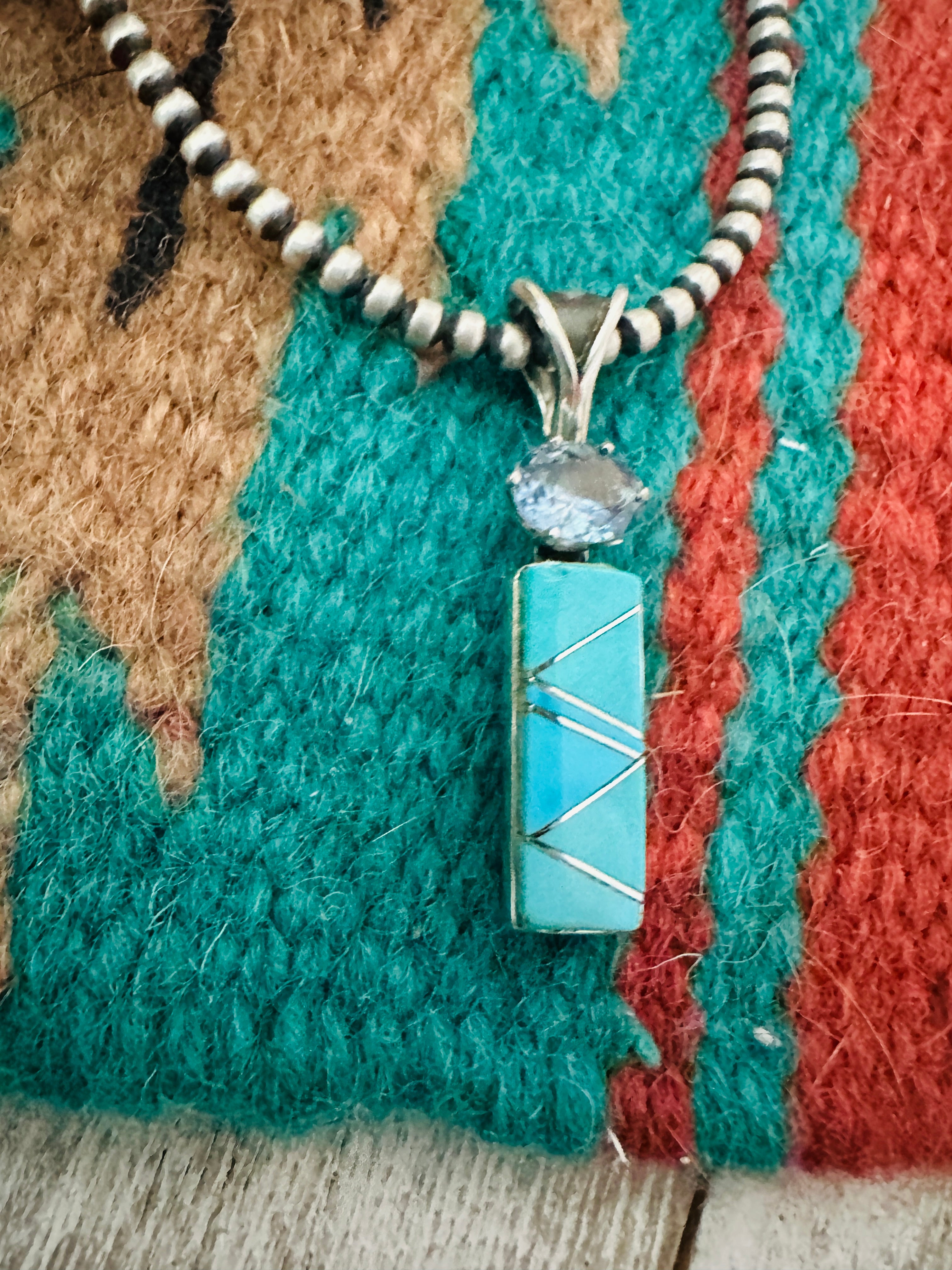 Navajo Turquoise, Aquamarine & Sterling Silver Inlay Pendant