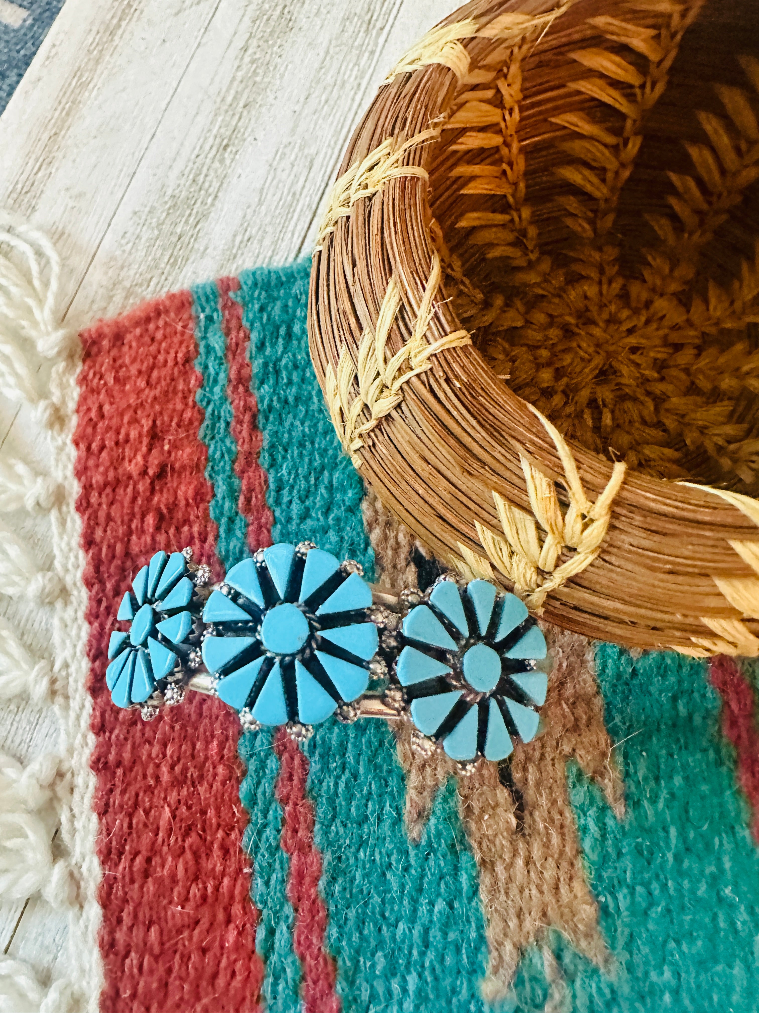 Zuni Sterling Silver & Turquoise Cluster Cuff Bracelet