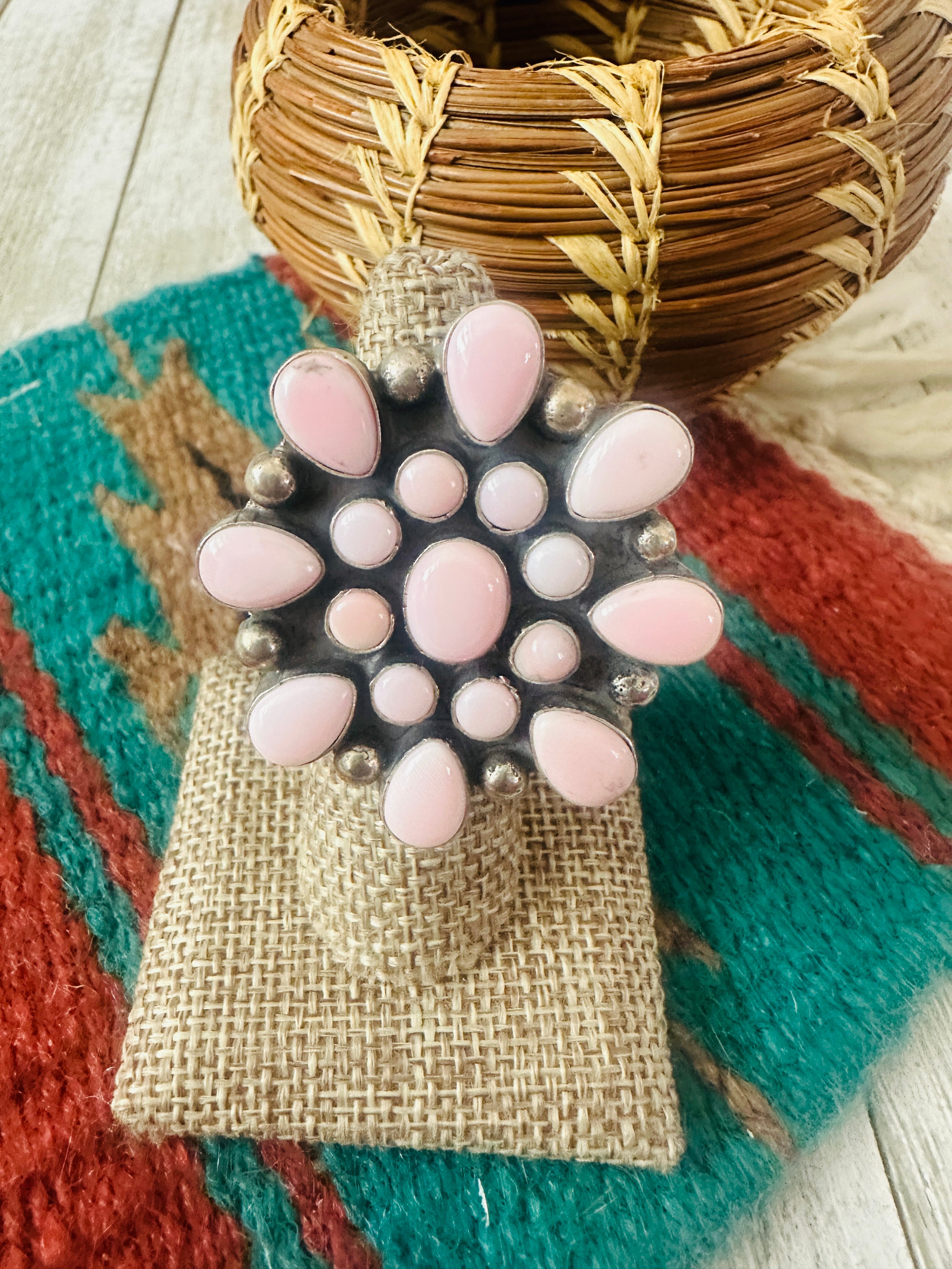 Handcrafted Sterling Silver & Queen Pink Conch Cluster Adjustable Ring