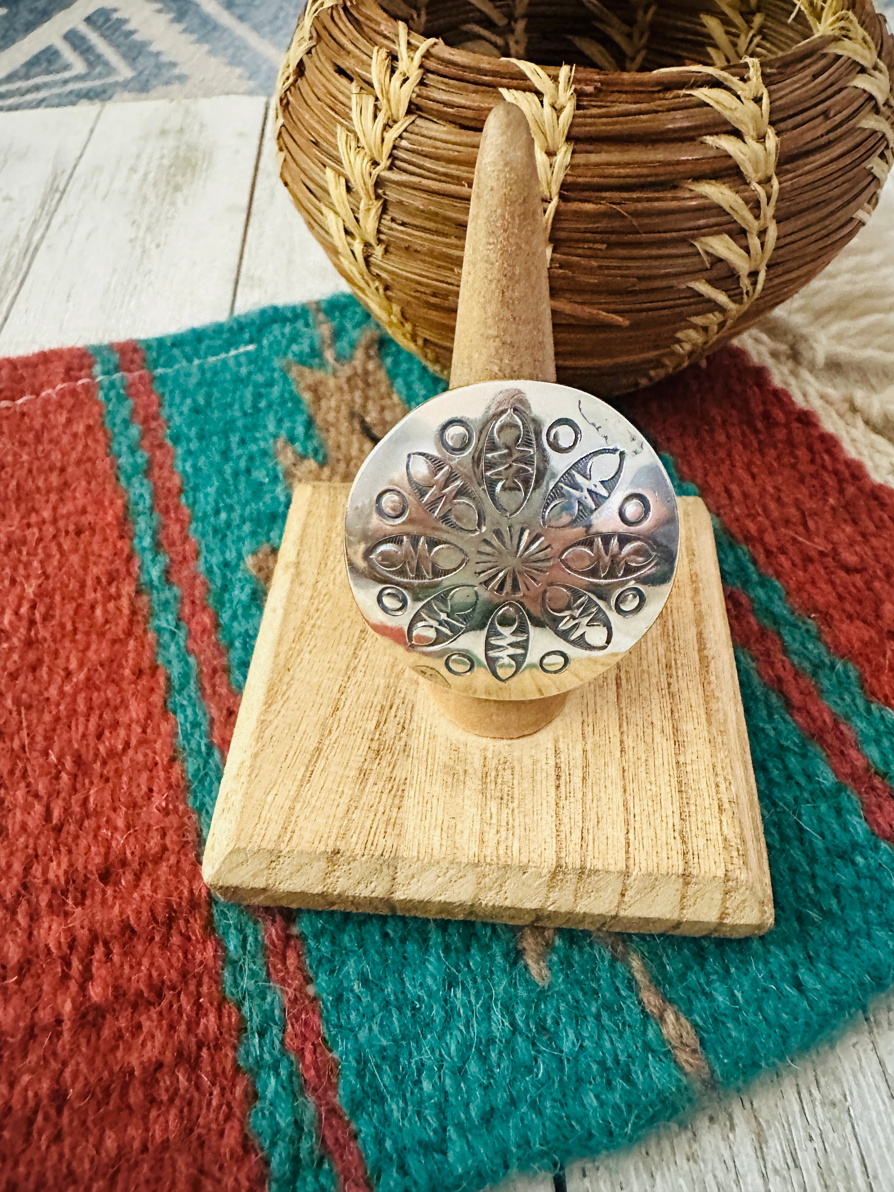 Navajo Sterling Silver Hand Stamped Concho Adjustable Ring