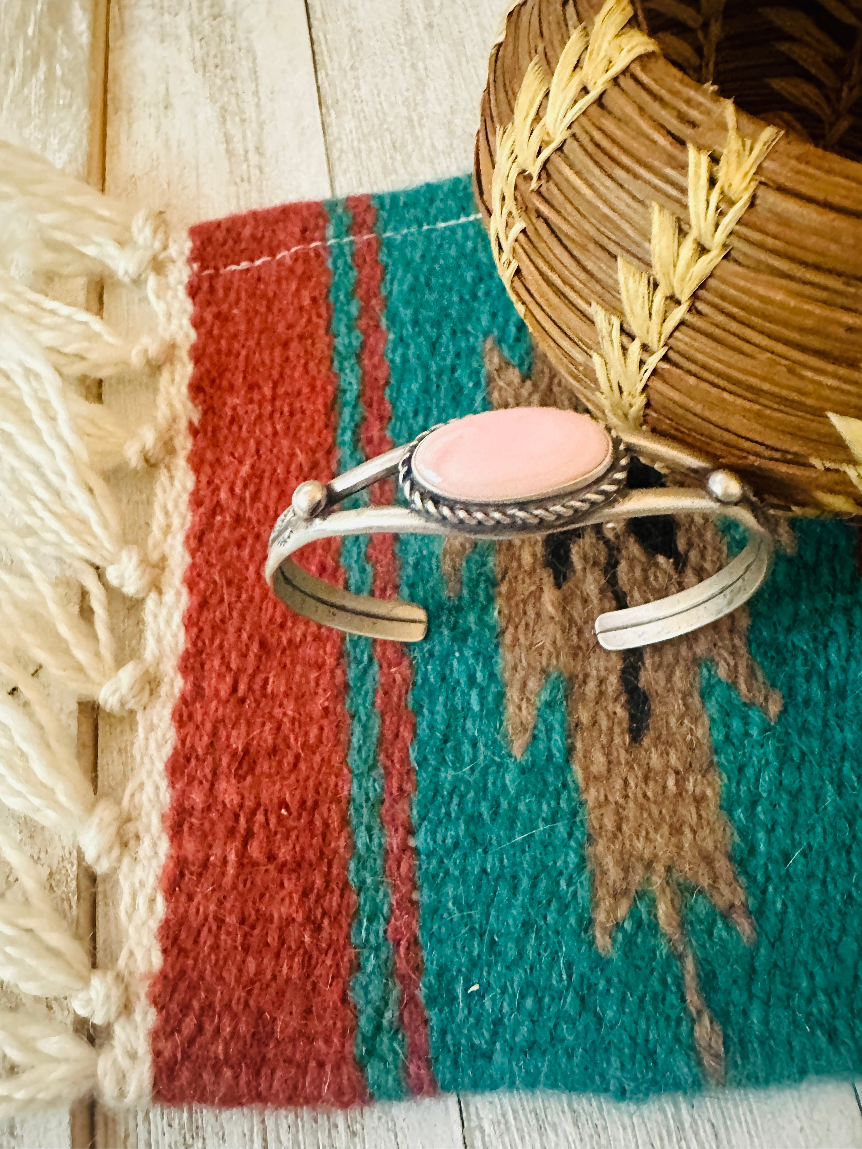 Navajo Queen Pink Conch Shell & Sterling Silver Cuff Bracelet