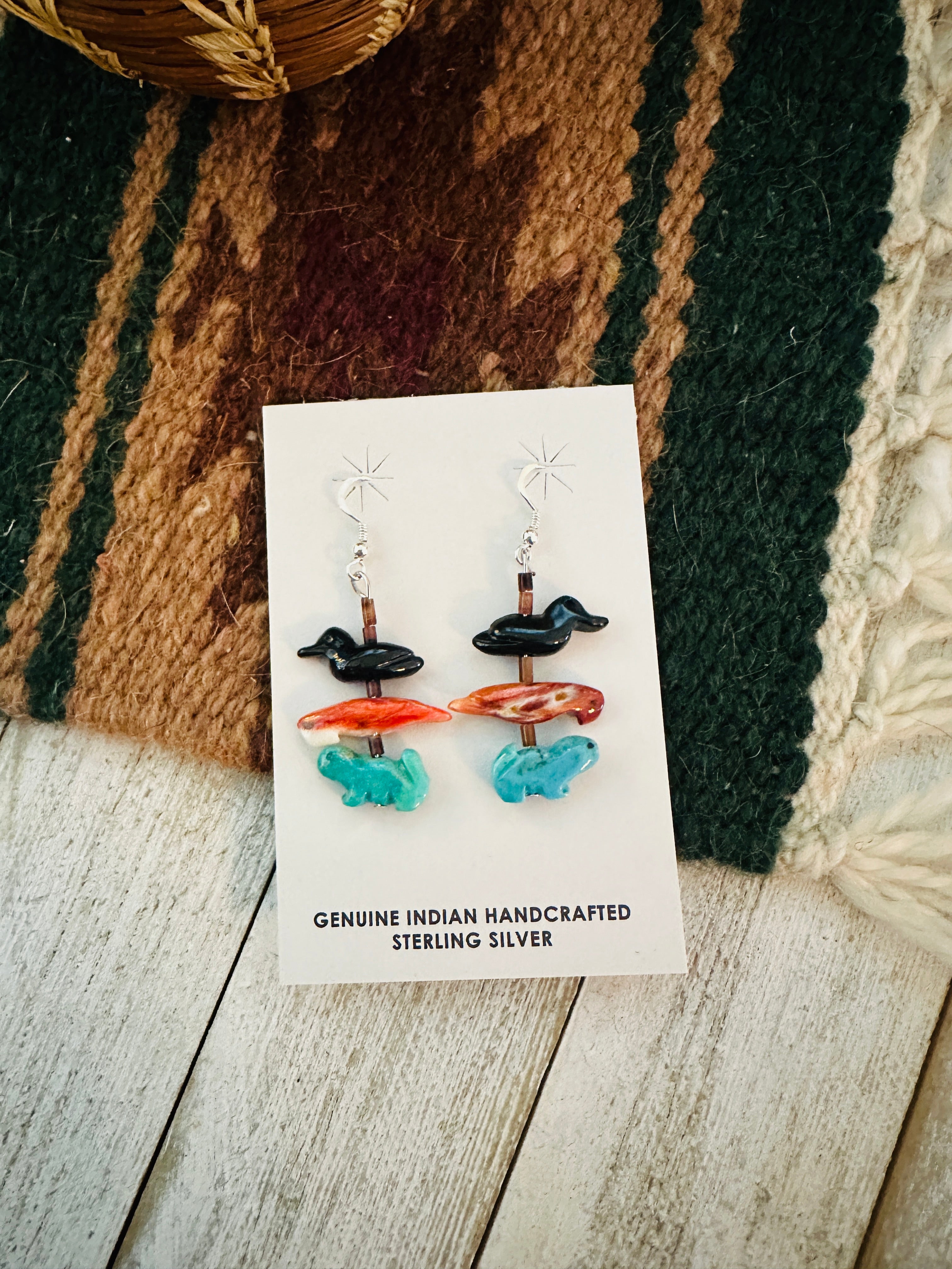 Zuni Multi Stone Beaded Fetish Dangle Earrings