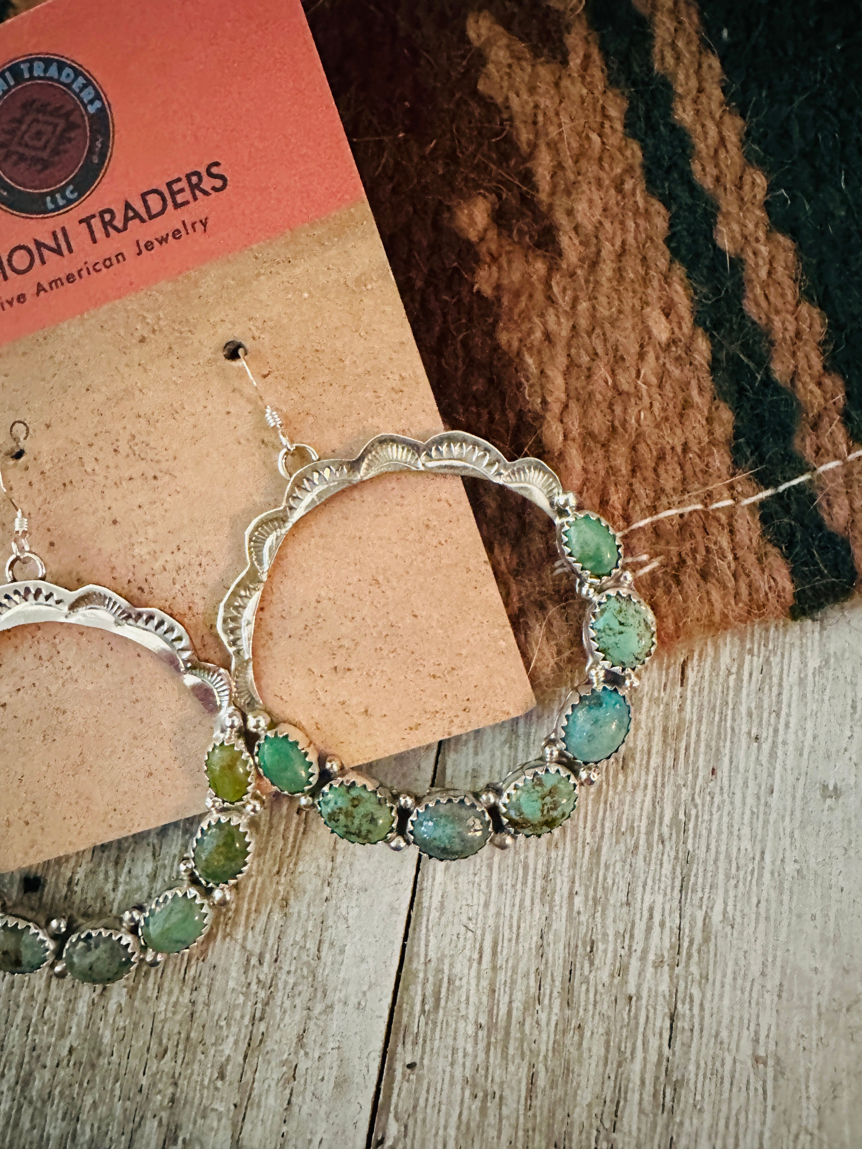 Handcrafted Turquoise & Sterling Silver Dangle Hoop Earrings