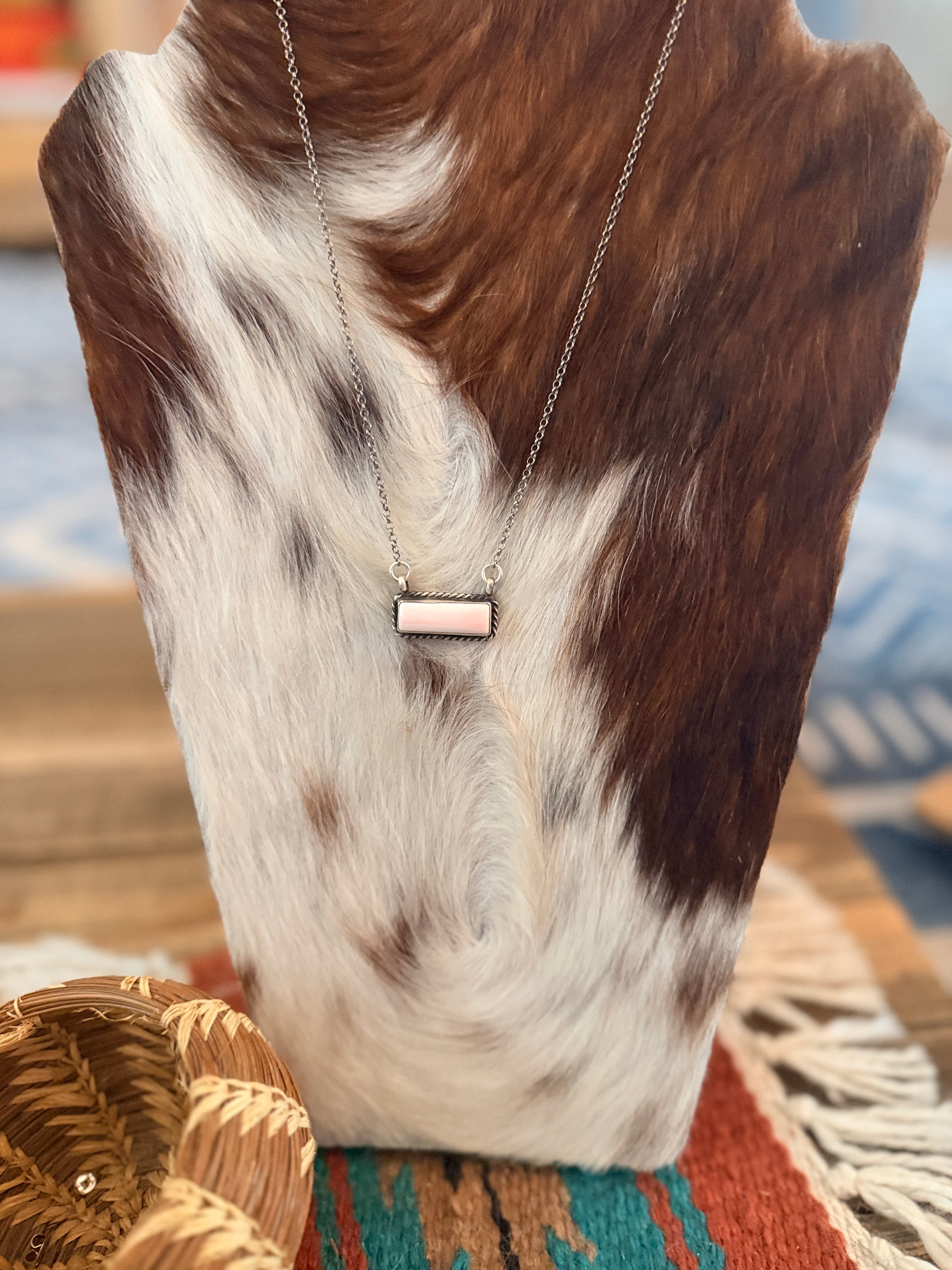 Handcrafted Queen Pink Conch & Sterling Silver Bar Necklace by Augustine Largo