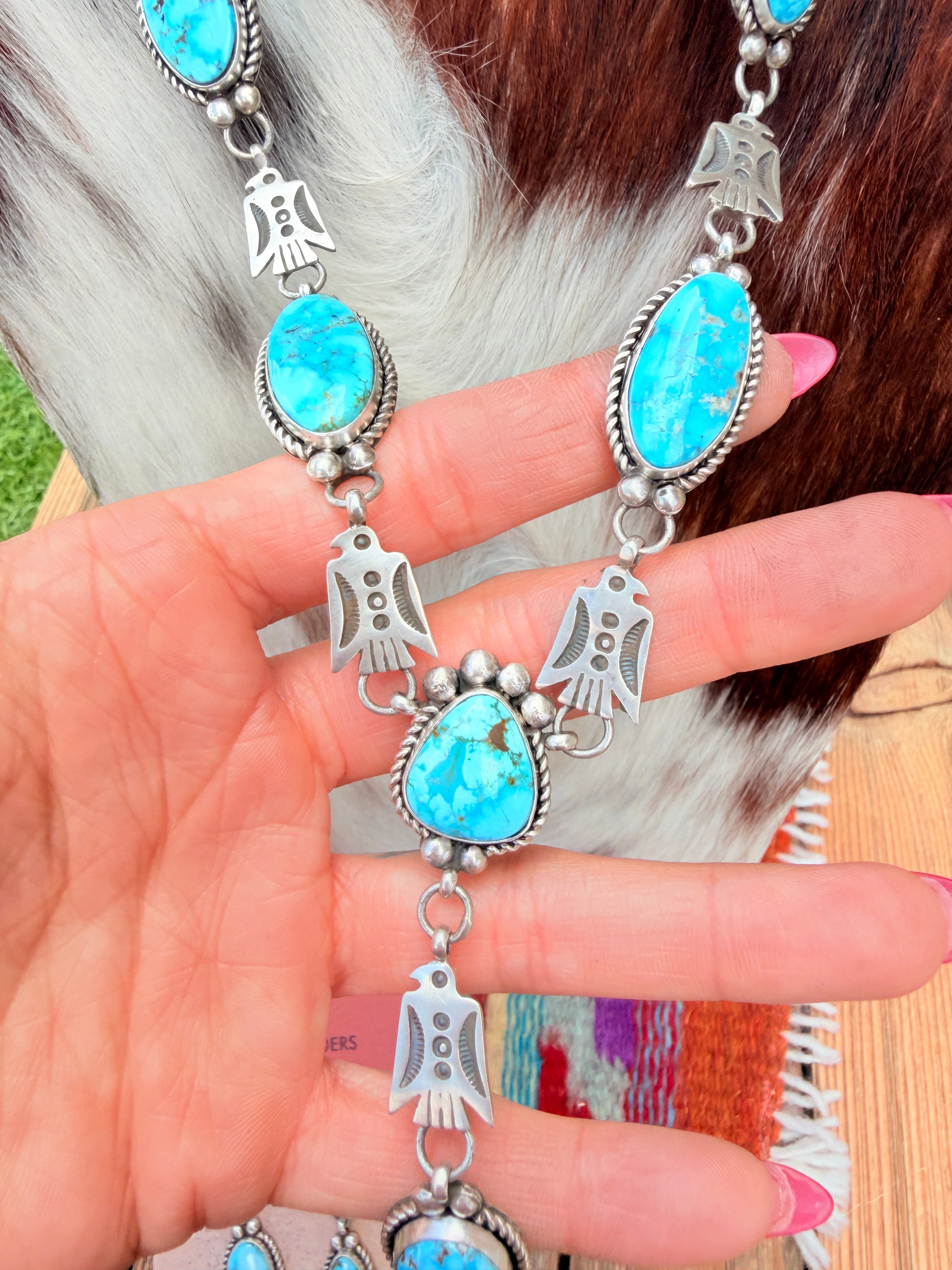Handcrafted Turquoise & Sterling Silver Thunderbird Necklace and Earring Set by Fred Francis