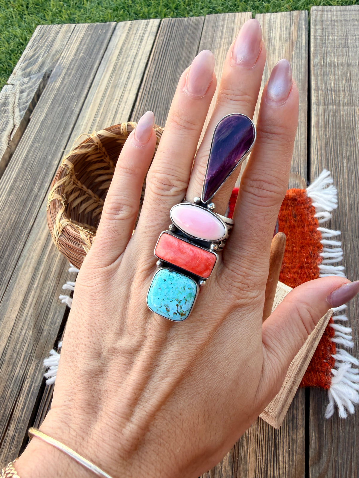 Handcrafted Spiny Oyster, Turquoise, Pink Conch & Sterling Silver Adjustable Ring