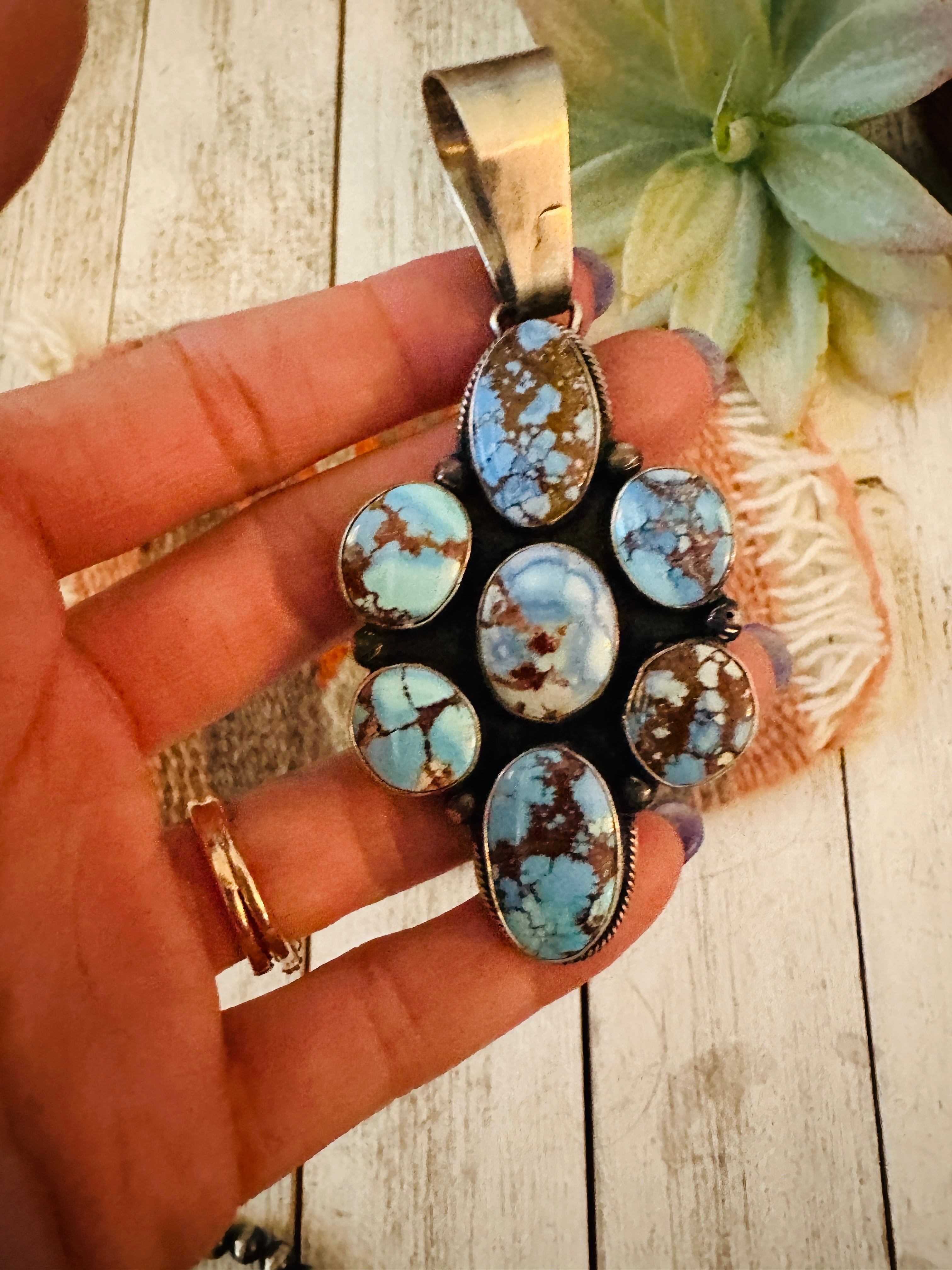 Navajo Golden Hills Turquoise & Sterling Silver Cluster Pendant