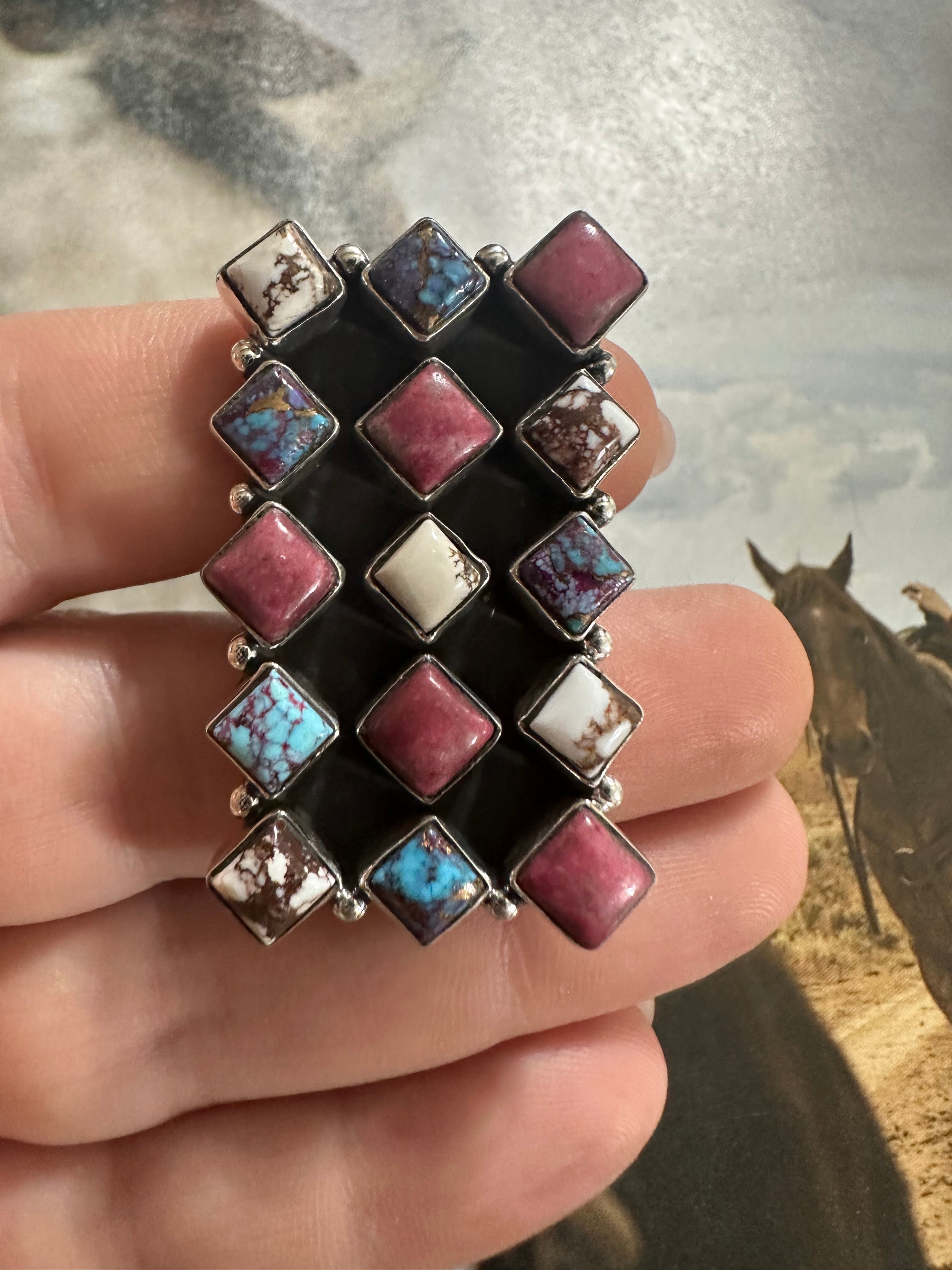 Handmade Wild Horse, Rhodonite, Purple Dream Mojave And Sterling Silver Adjustable Ring