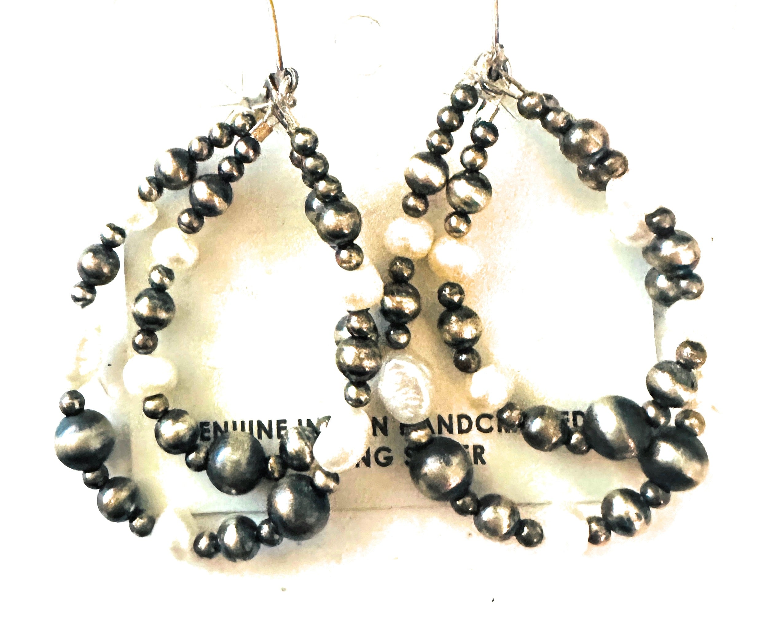 Navajo Natural Pearl & Sterling Silver Beaded Double Hoop Dangle Earrings