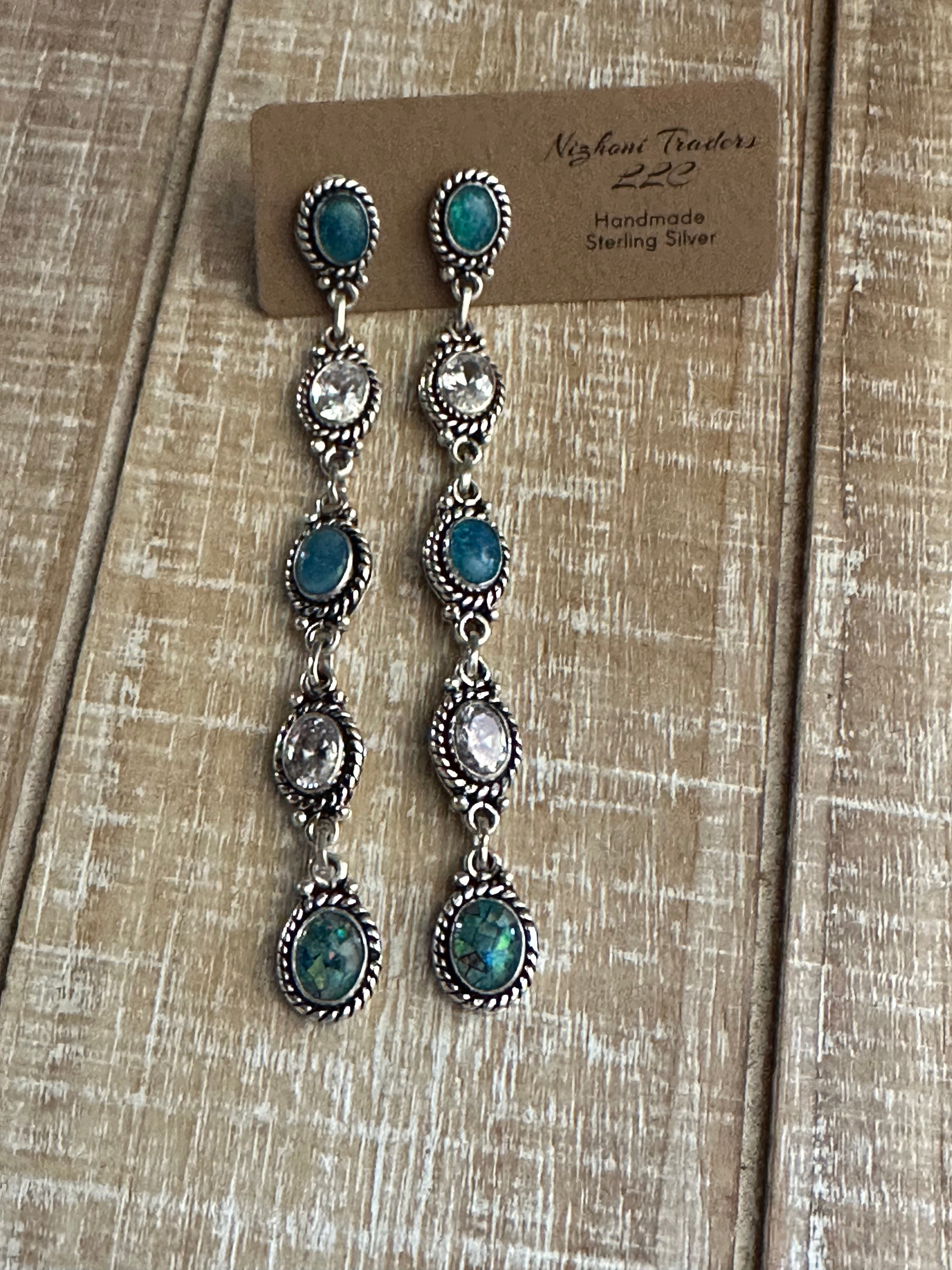 Blue Fire Opal and CZ Sterling Silver Handmade Dangles