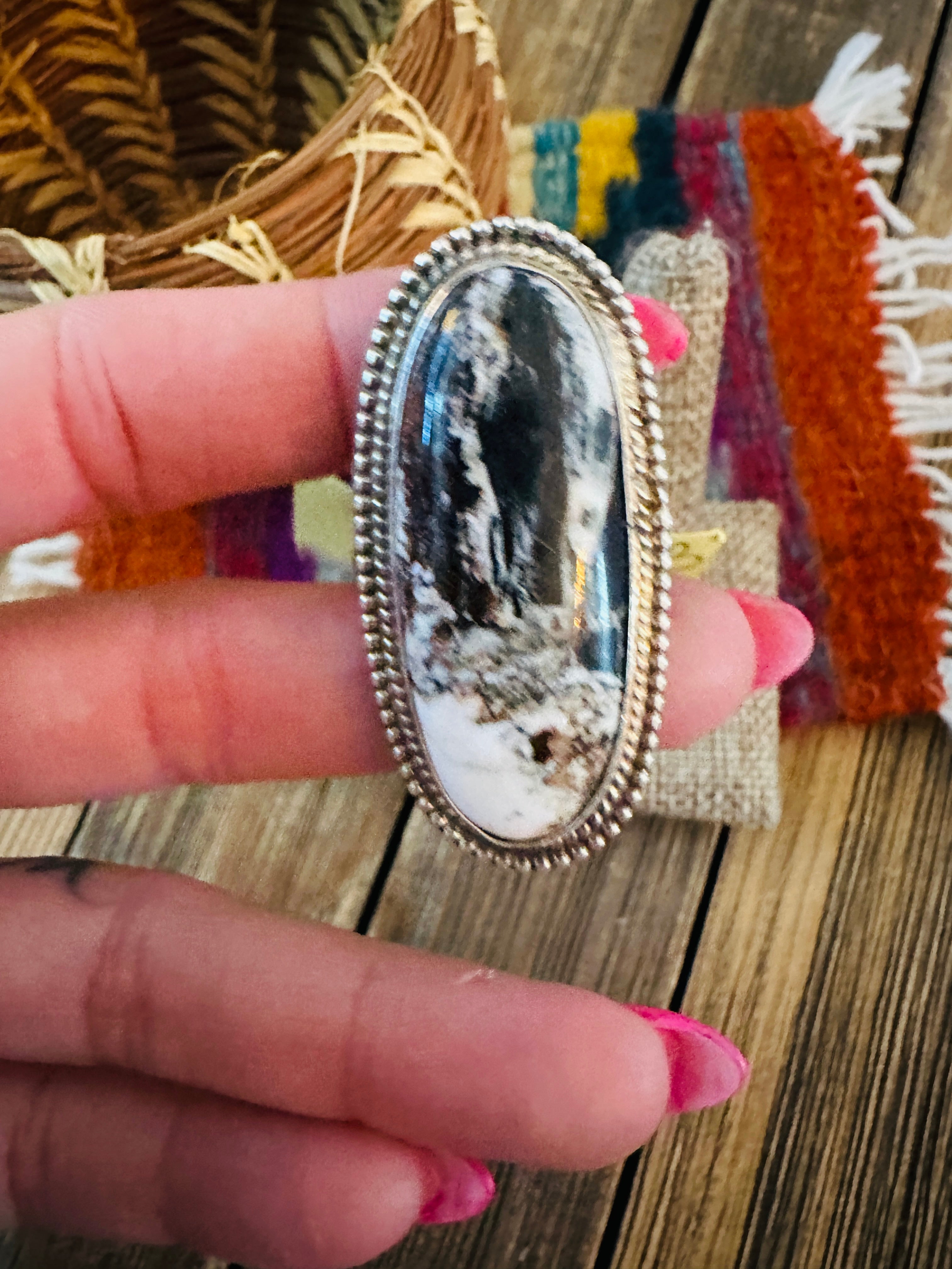 Old Pawn Handcrafted White Buffalo & Sterling Silver Ring Size 10