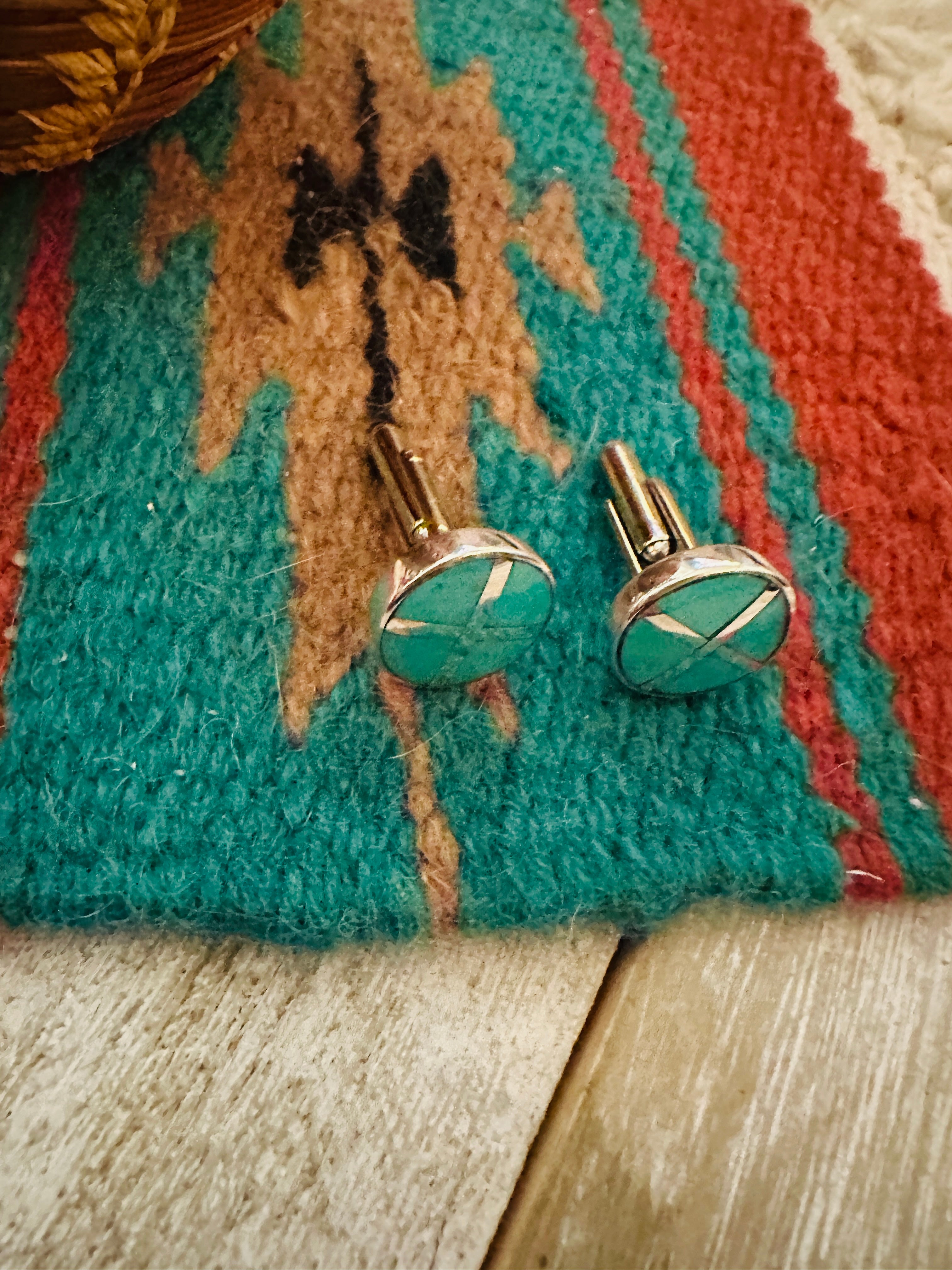 Navajo Sterling Silver & Turquoise Inlay Cuff Links