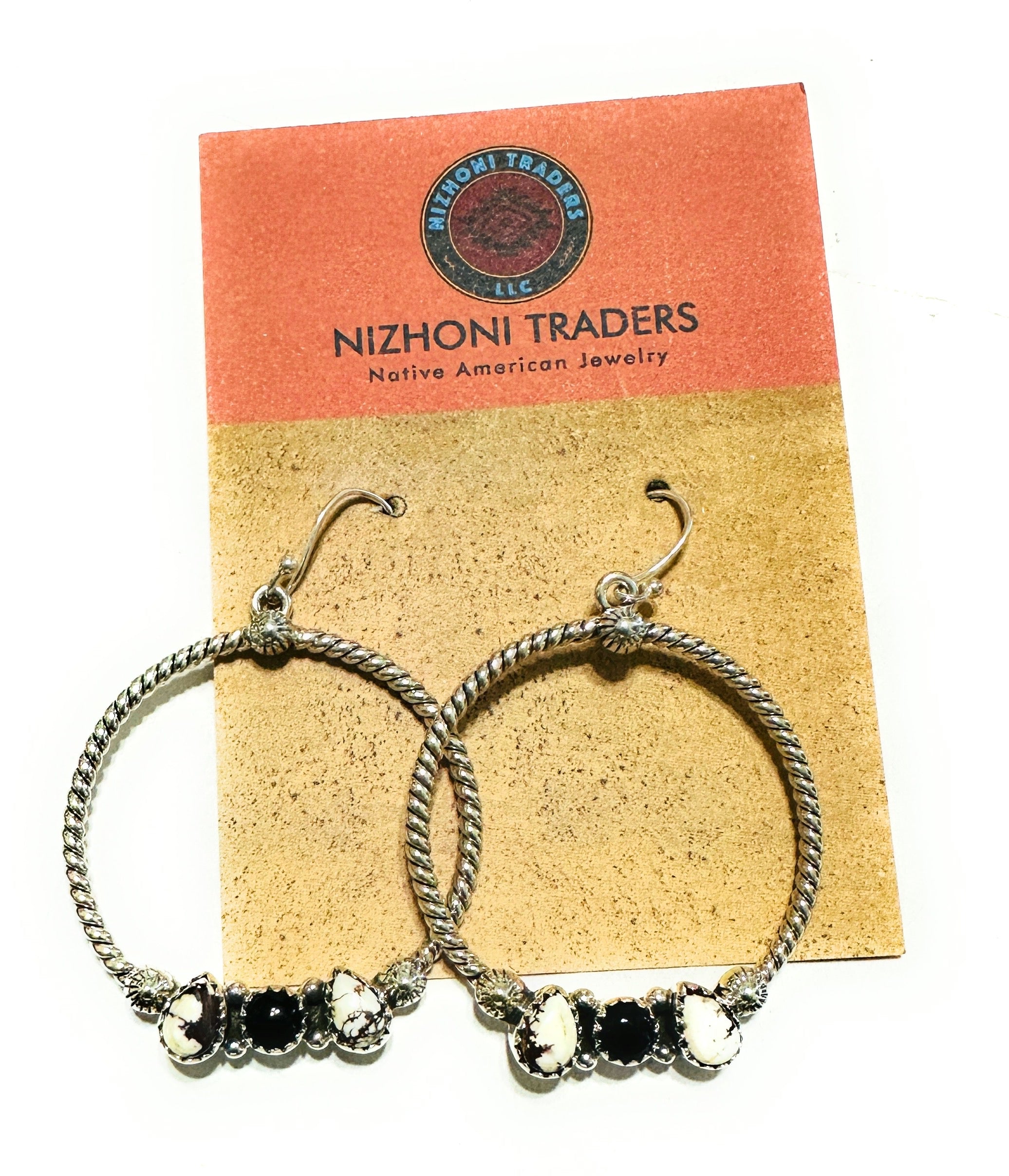 Handmade Wild Horse, Onyx & Sterling Silver Dangle Hoop Earrings Signed Nizhoni