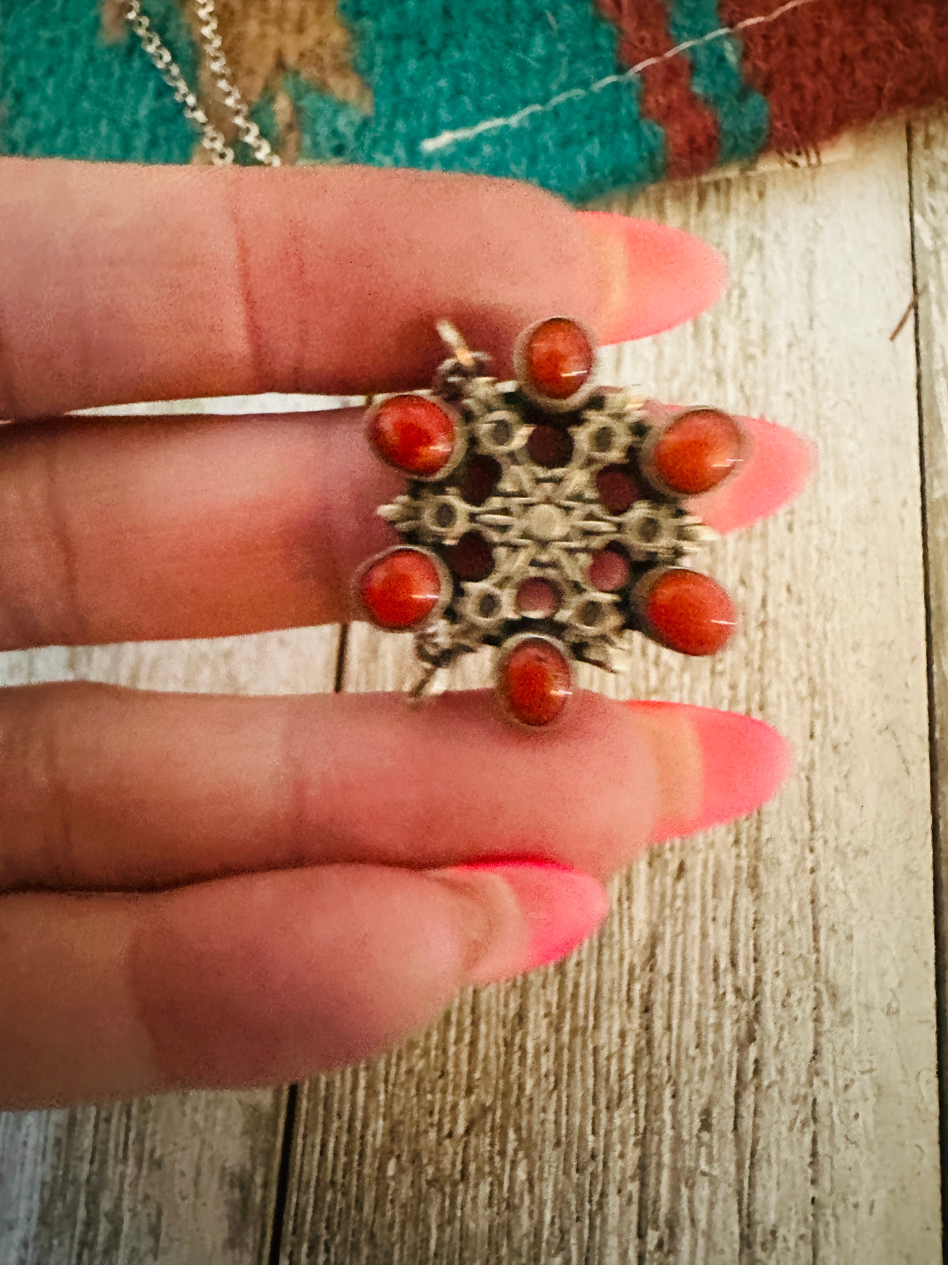 ** Christmas Collection ** Handmade Sterling Silver & Coral Snowflake Necklace Signed Nizhoni
