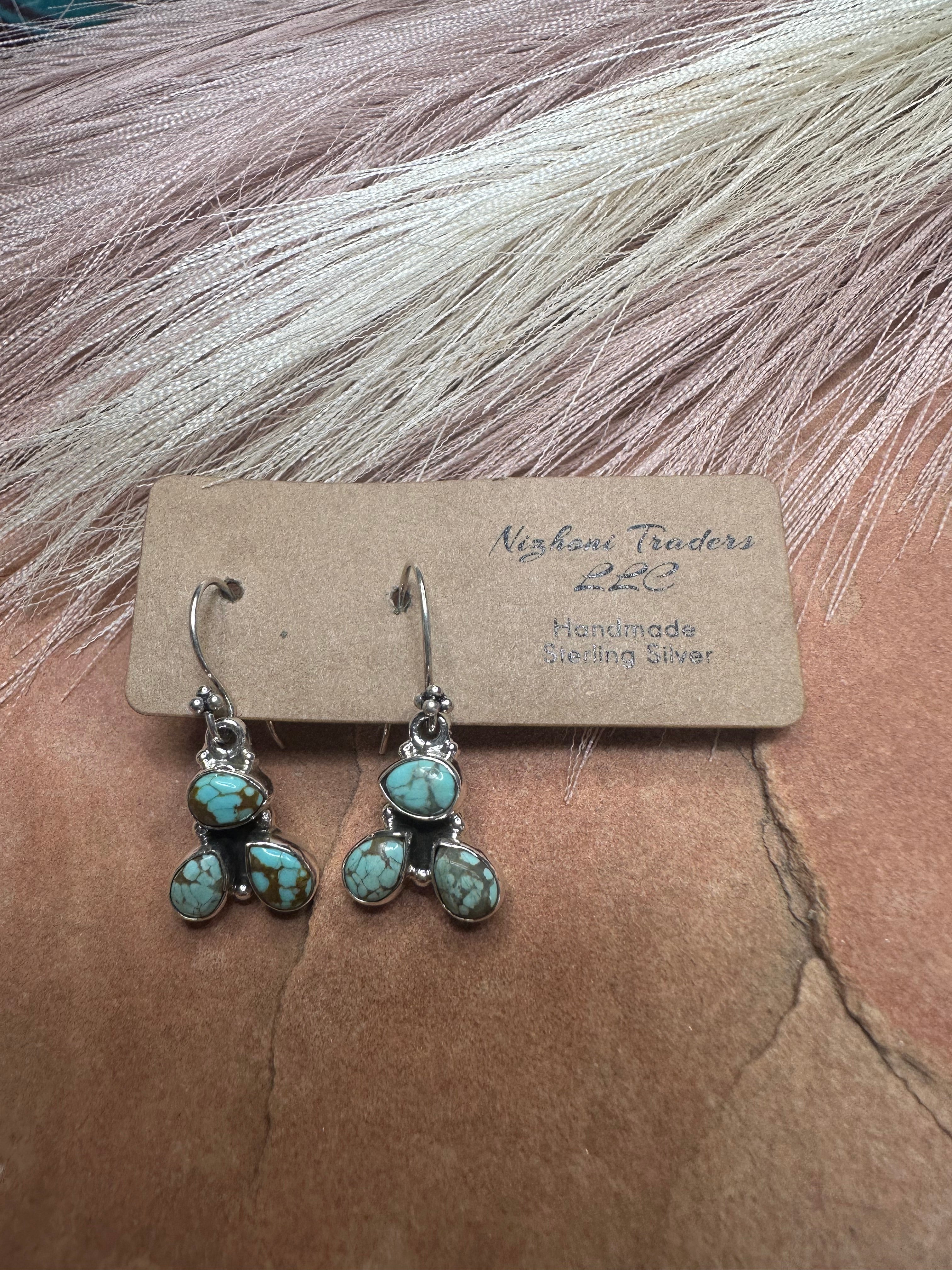 Handmade Number 8 Turquoise and Sterling Silver 3 Stone Dangle Earrings