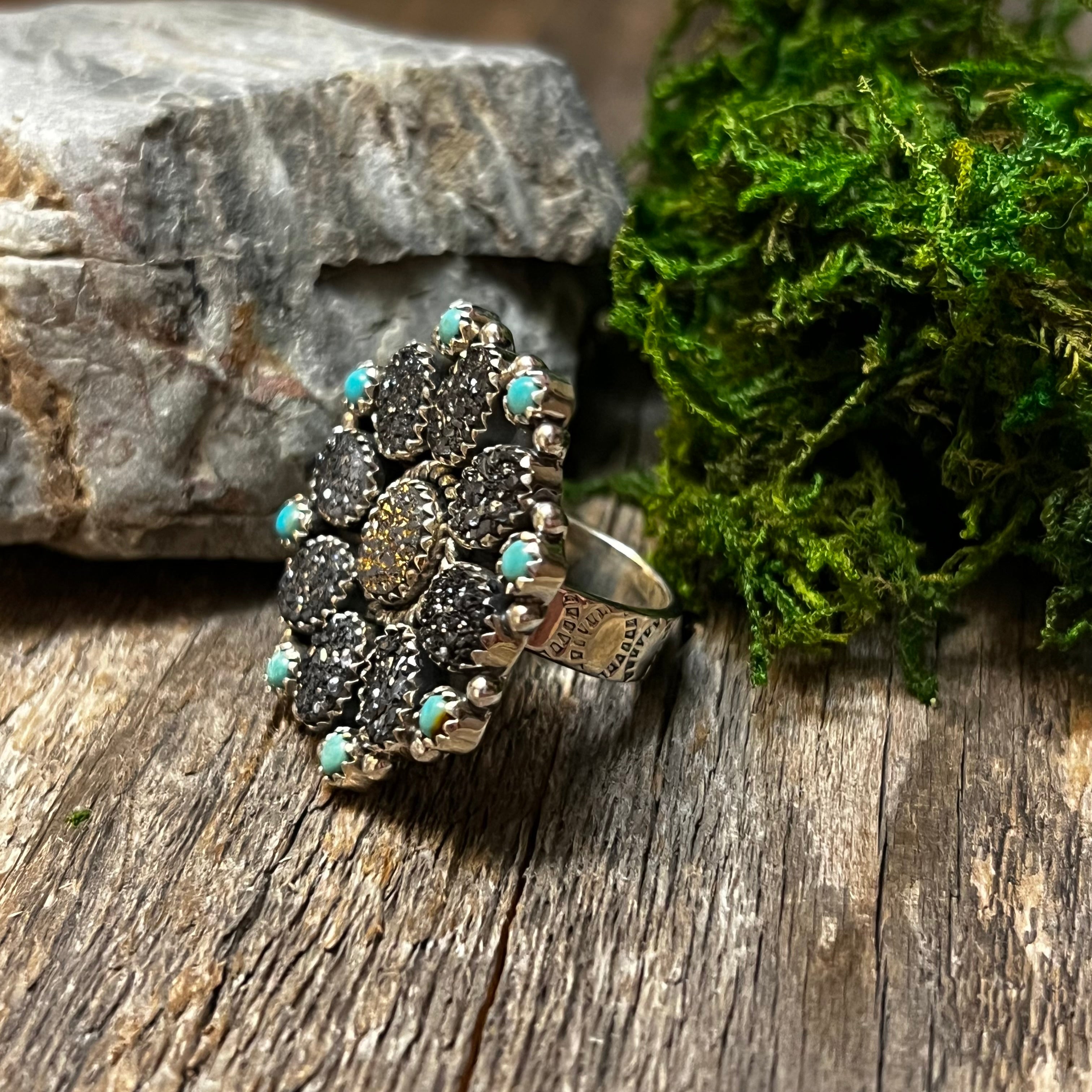 Handmade Sterling Silver Turquoise, Black & Gold Druzy Cluster Ring