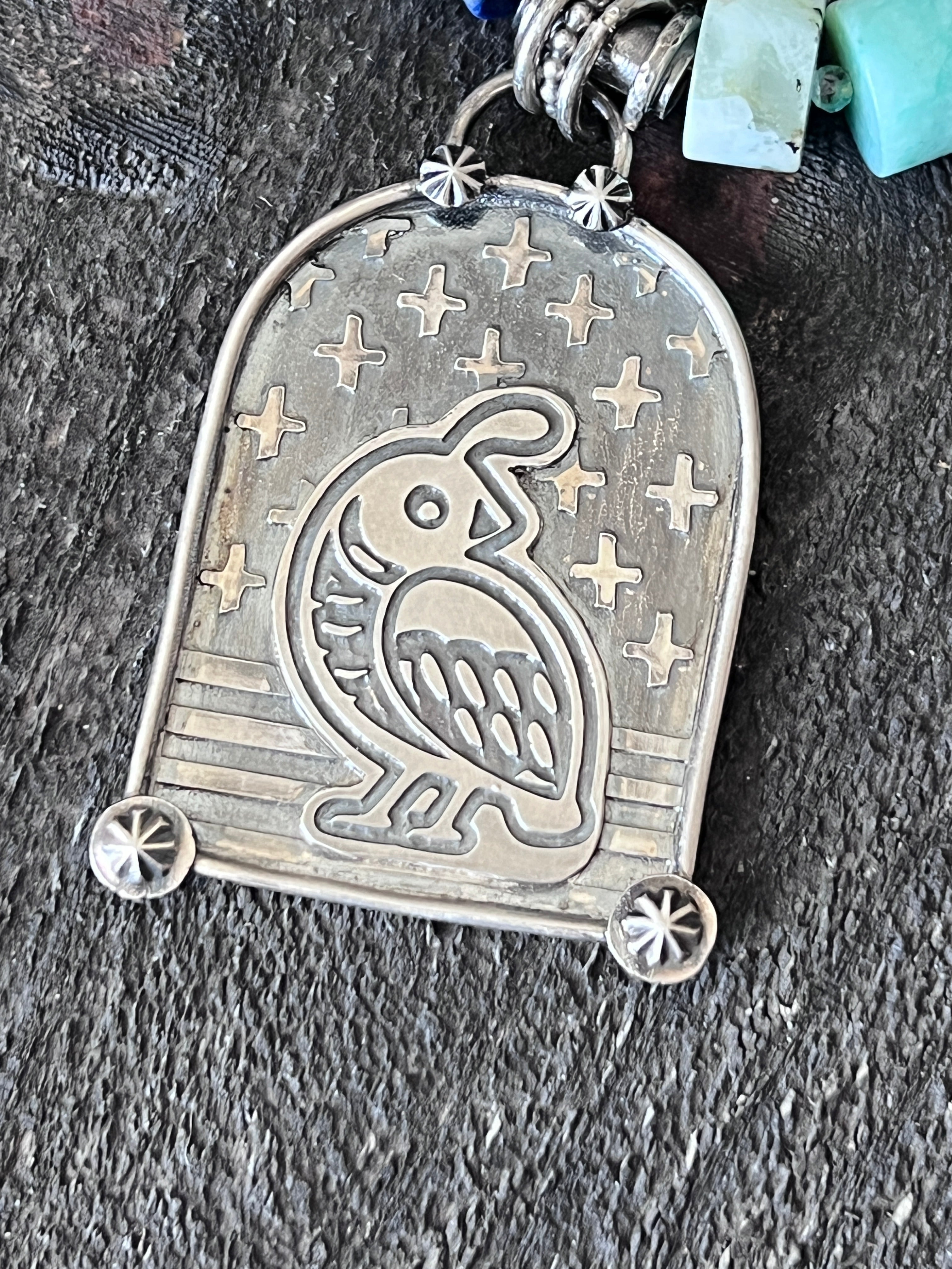 Tularosa Sterling Silver & Chrysocolla Beaded Quail Retablo Necklace