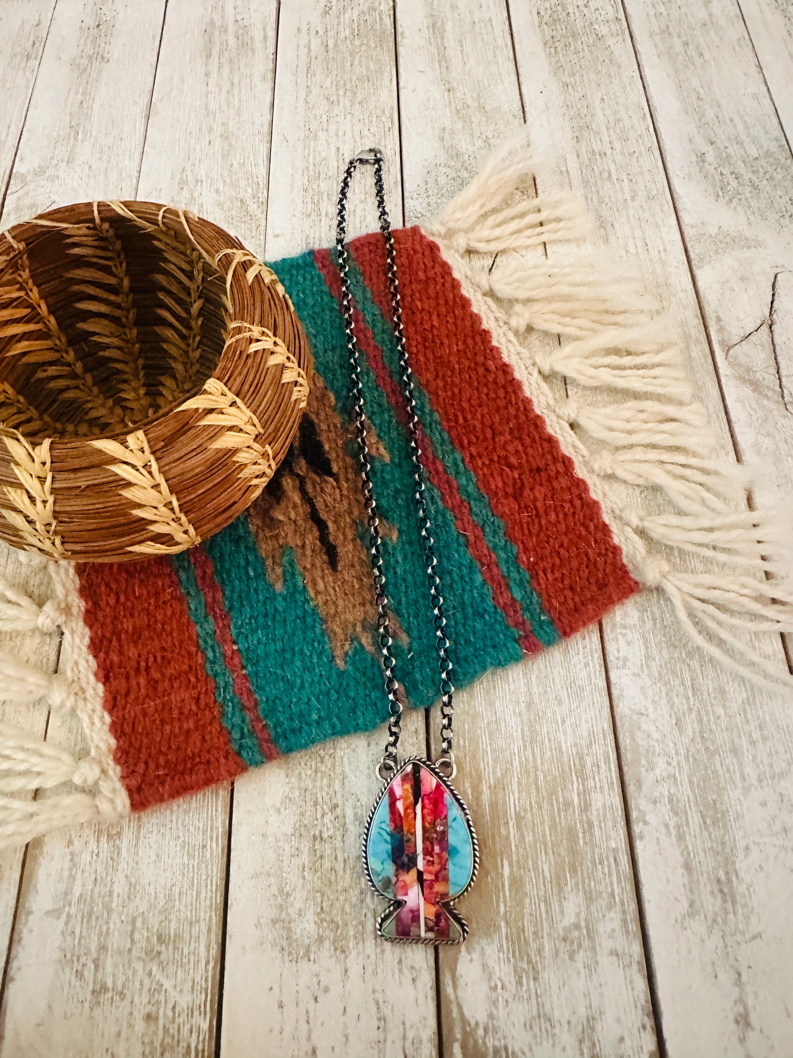 Navajo Sterling Silver & Multi Stone Inlay Spade Necklace