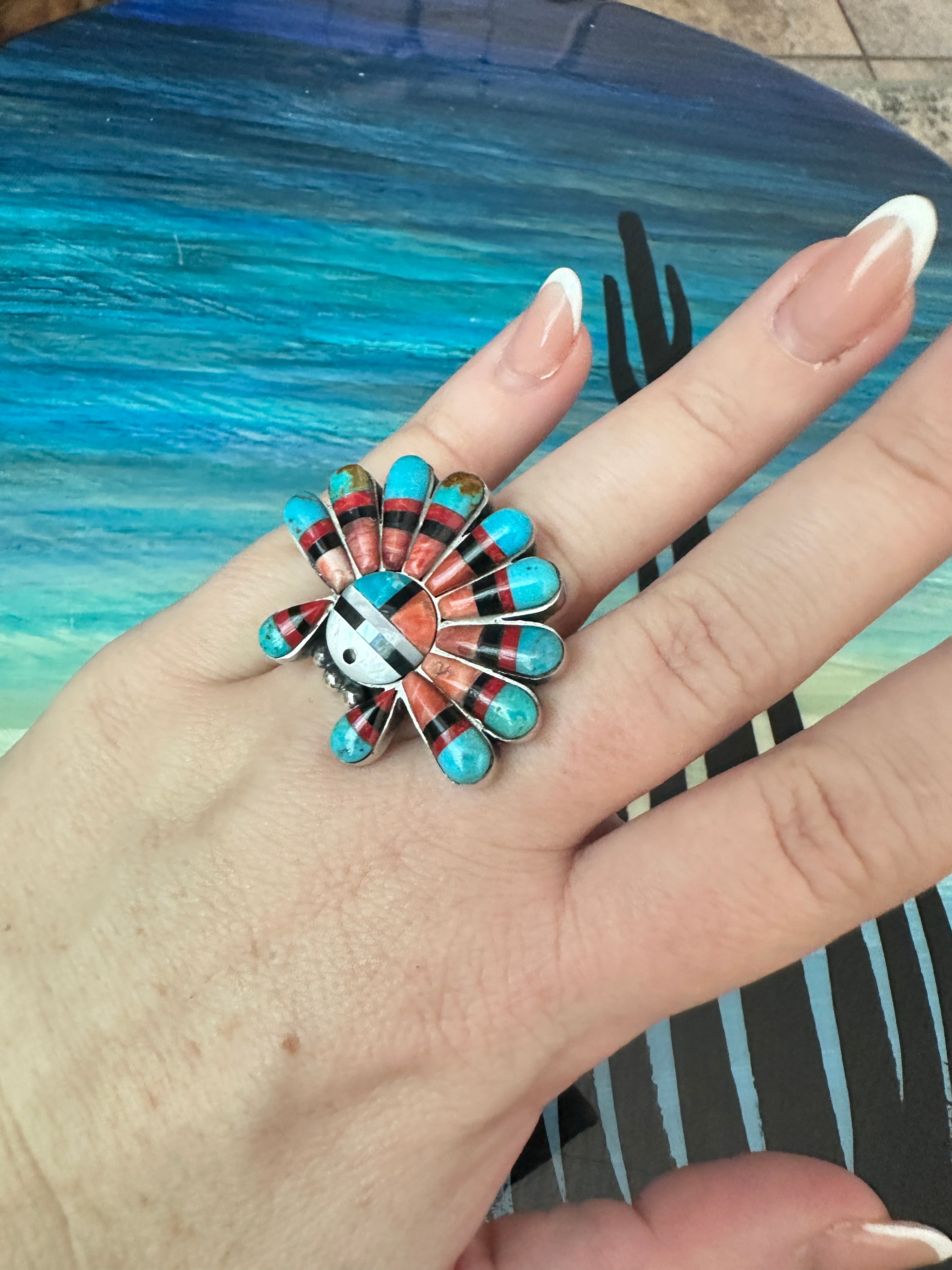 Handmade Multi Stone Southwestern Sunface And Sterling Silver Adjustable Ring