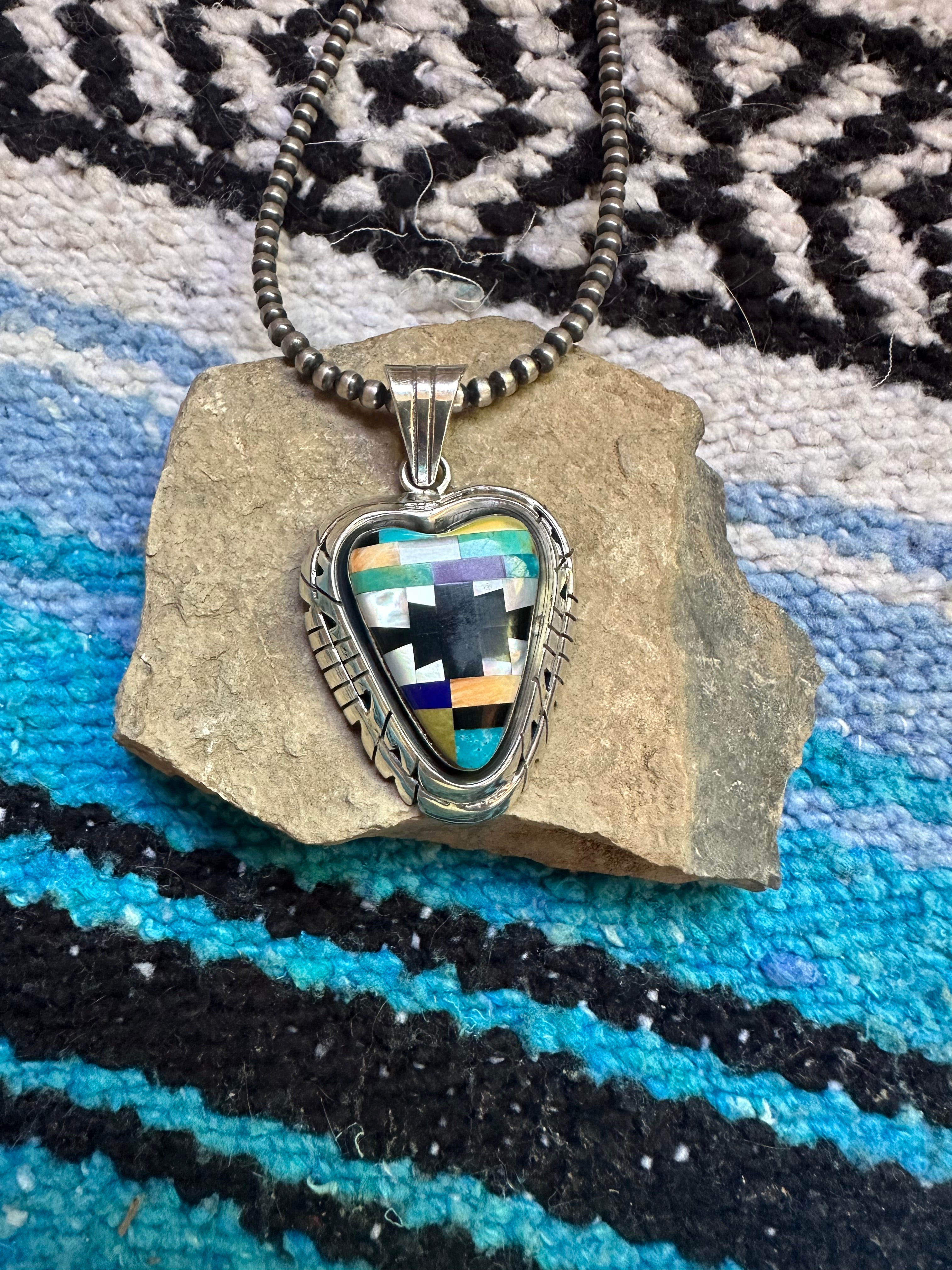 Gorgeous Handmade Sterling Silver & Multi Stone Inlay Heart Pendant