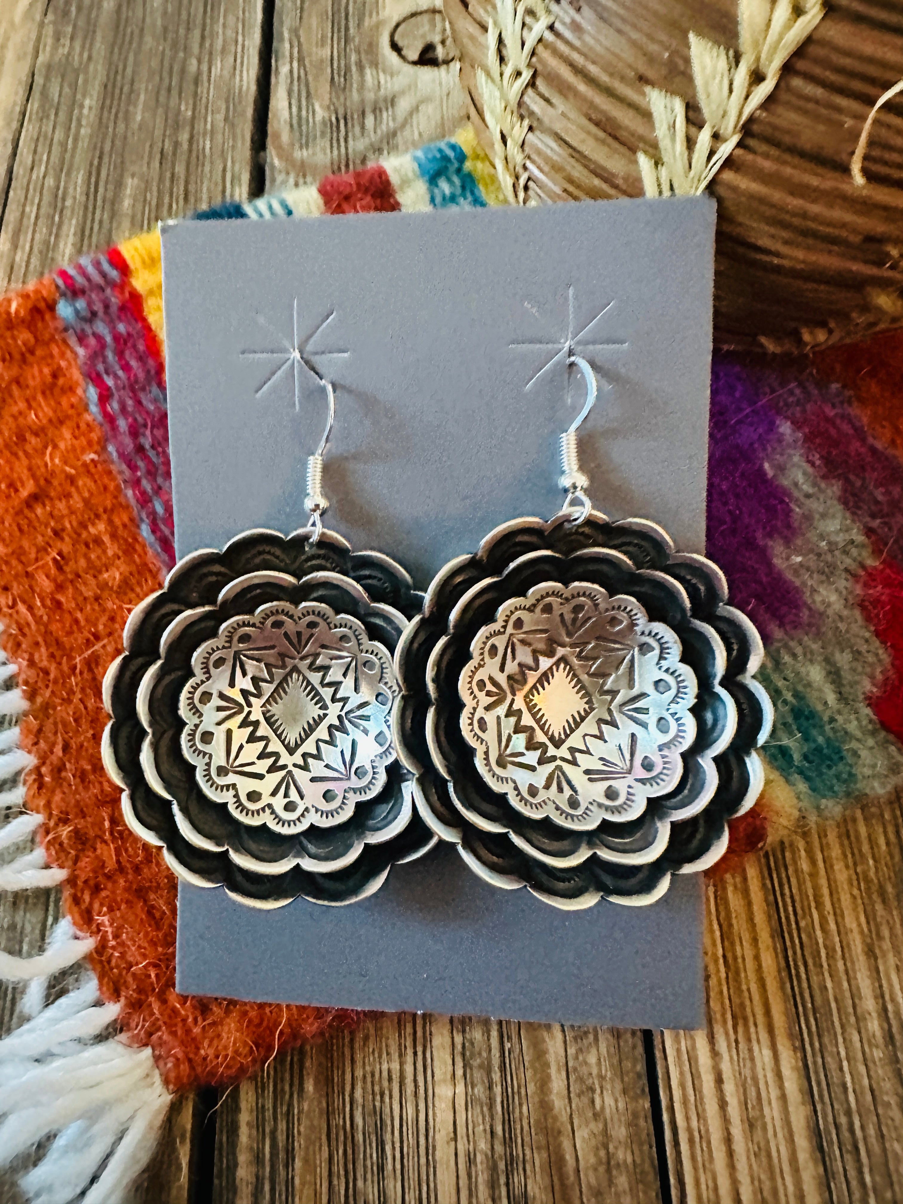 Handcrafted Sterling Silver Concho Dangle Earrings by Leander Tahe