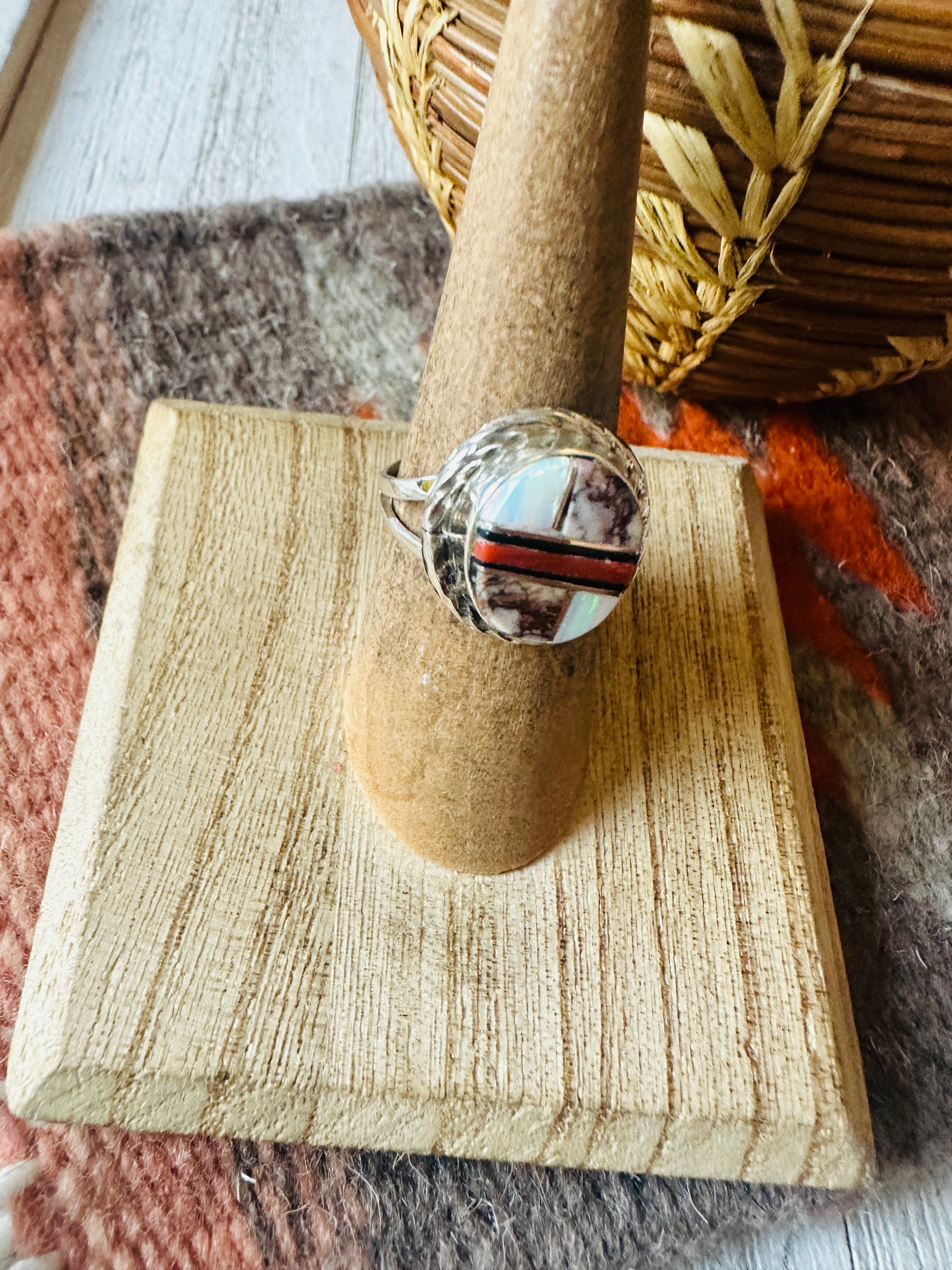 Navajo Sterling Silver & Multi Stone Inlay Ring Size 6