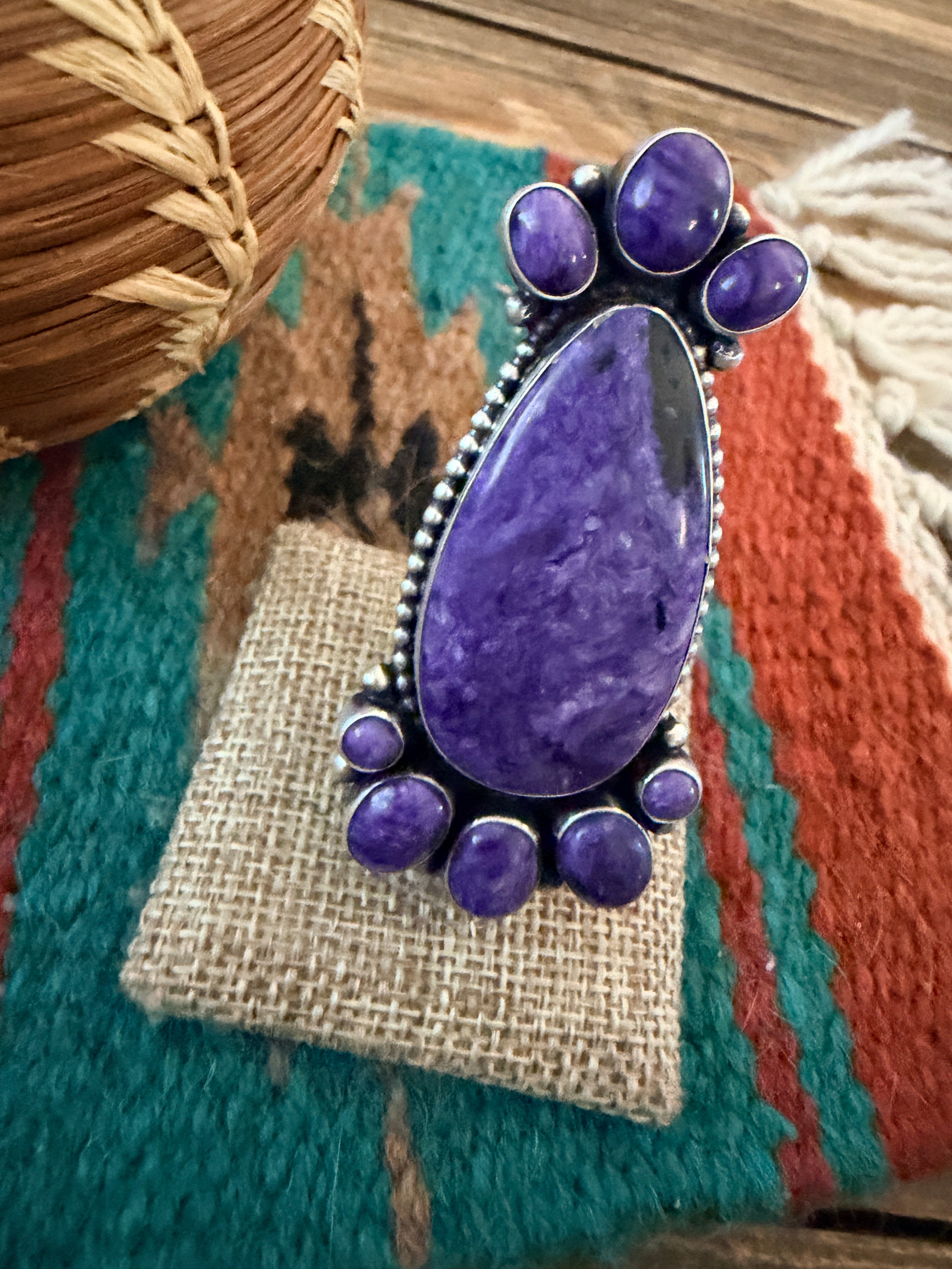 Handcrafted Charoite & Sterling Silver Cluster Ring by Blaine Yellowhorse