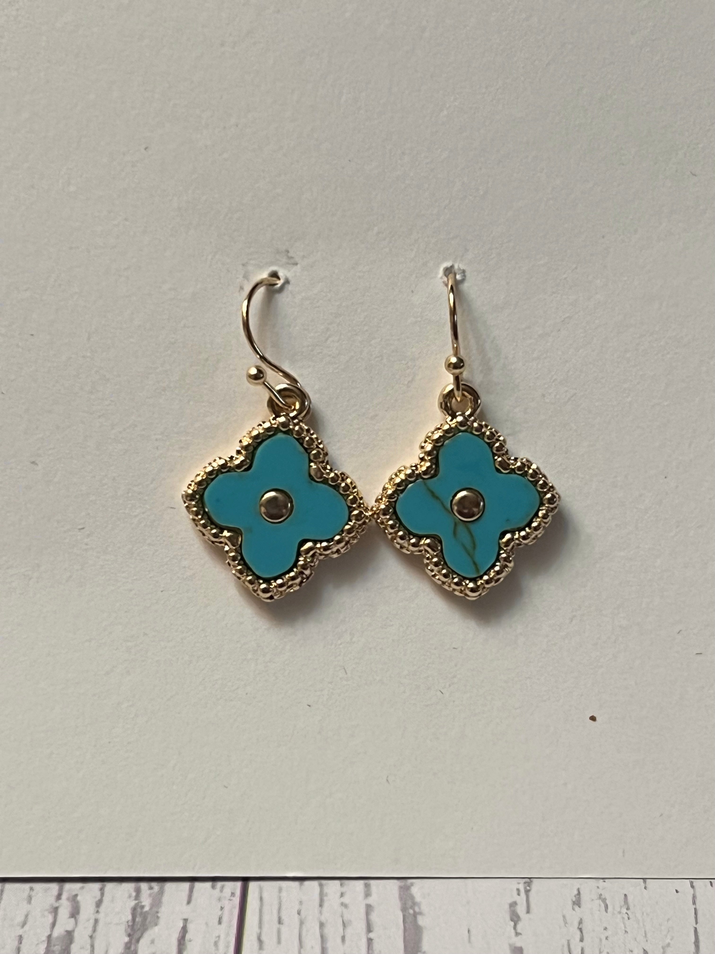 14k Gold Plated Turquoise Clover Dangle Wire Earrings