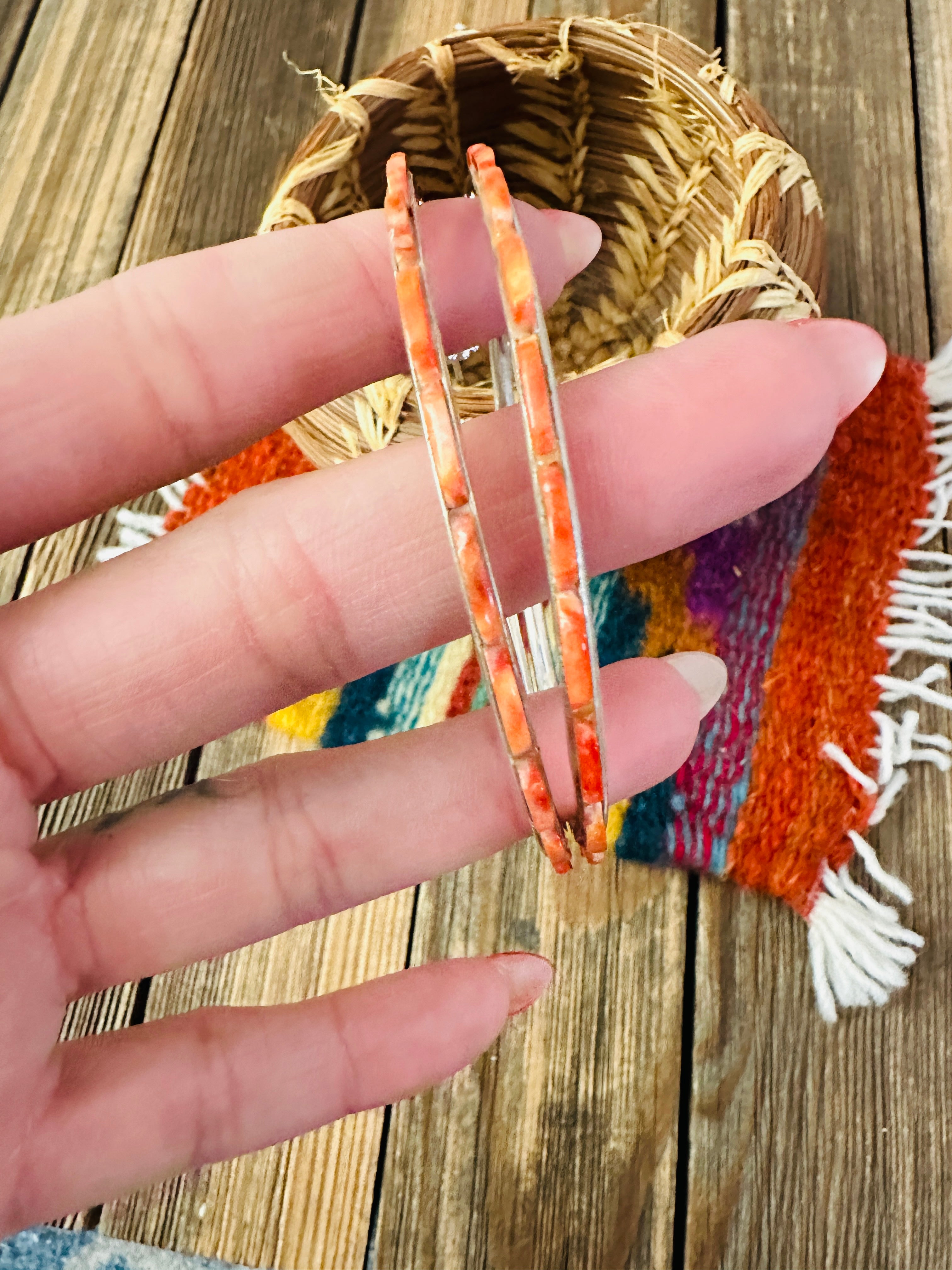 Handcrafted Spiny Oyster & Sterling Silver Hoop Earrings by Federico Jimenez