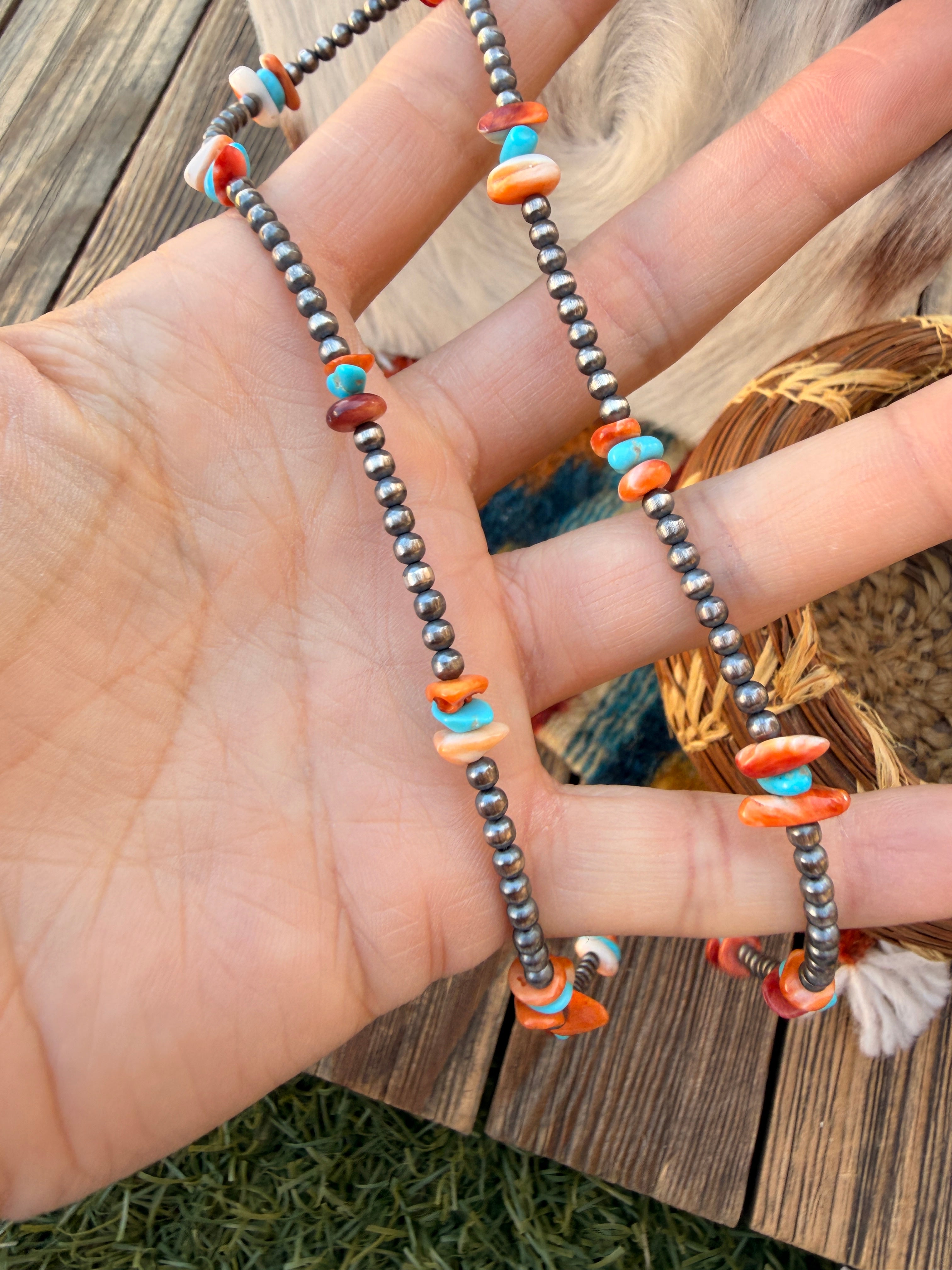 Handcrafted Turquoise, Spiny & Sterling Silver Pearl 18” Beaded Necklace