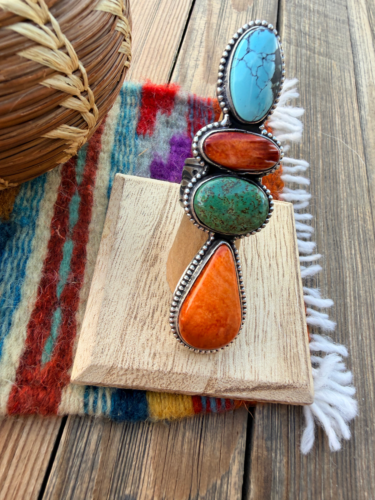 Handcrafted Spiny Oyster, Turquoise & Sterling Silver Adjustable Ring