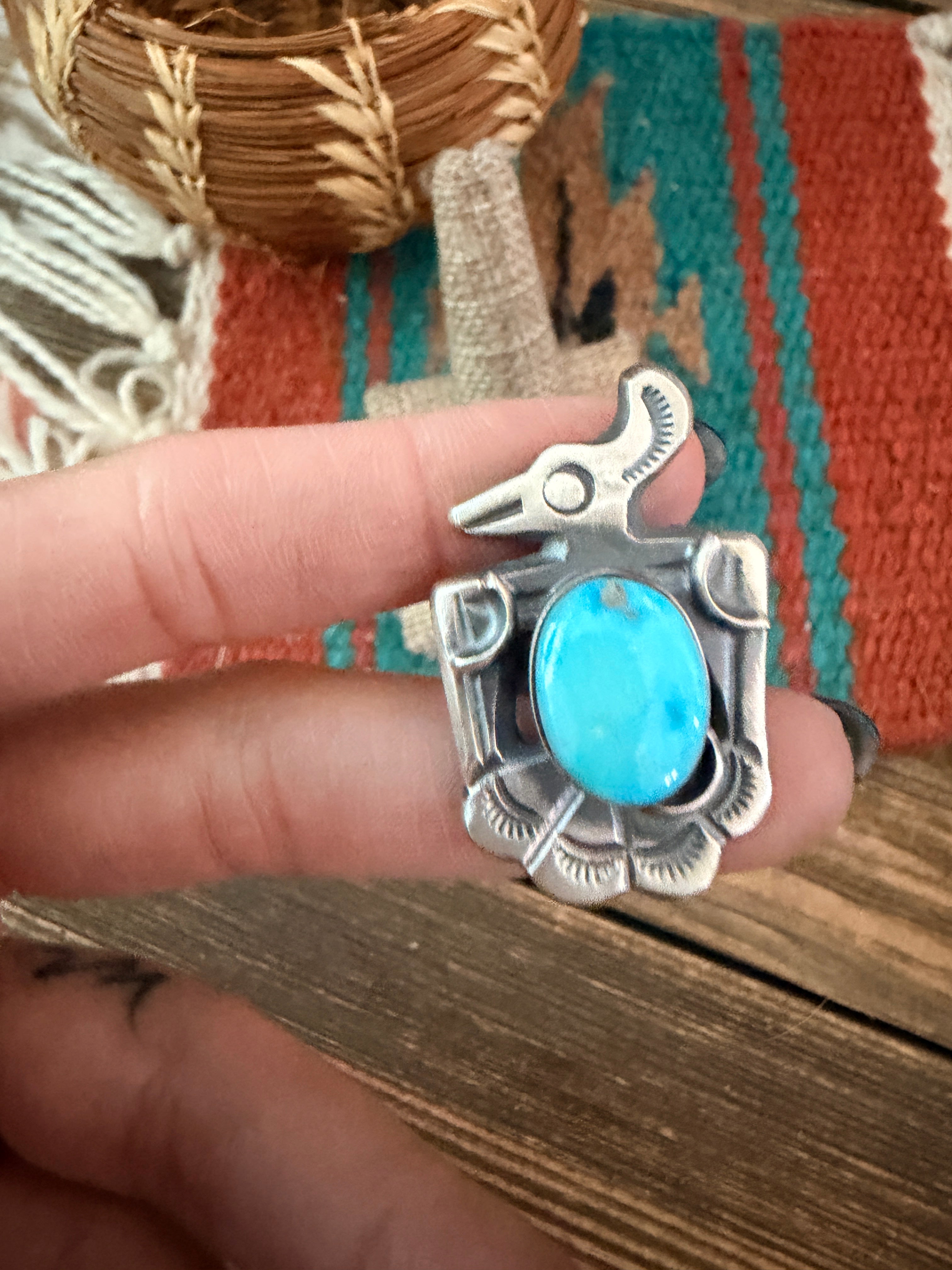 Handcrafted Turquoise and Sterling Silver Thunderbird Ring size 7.75 by Chimney Butte