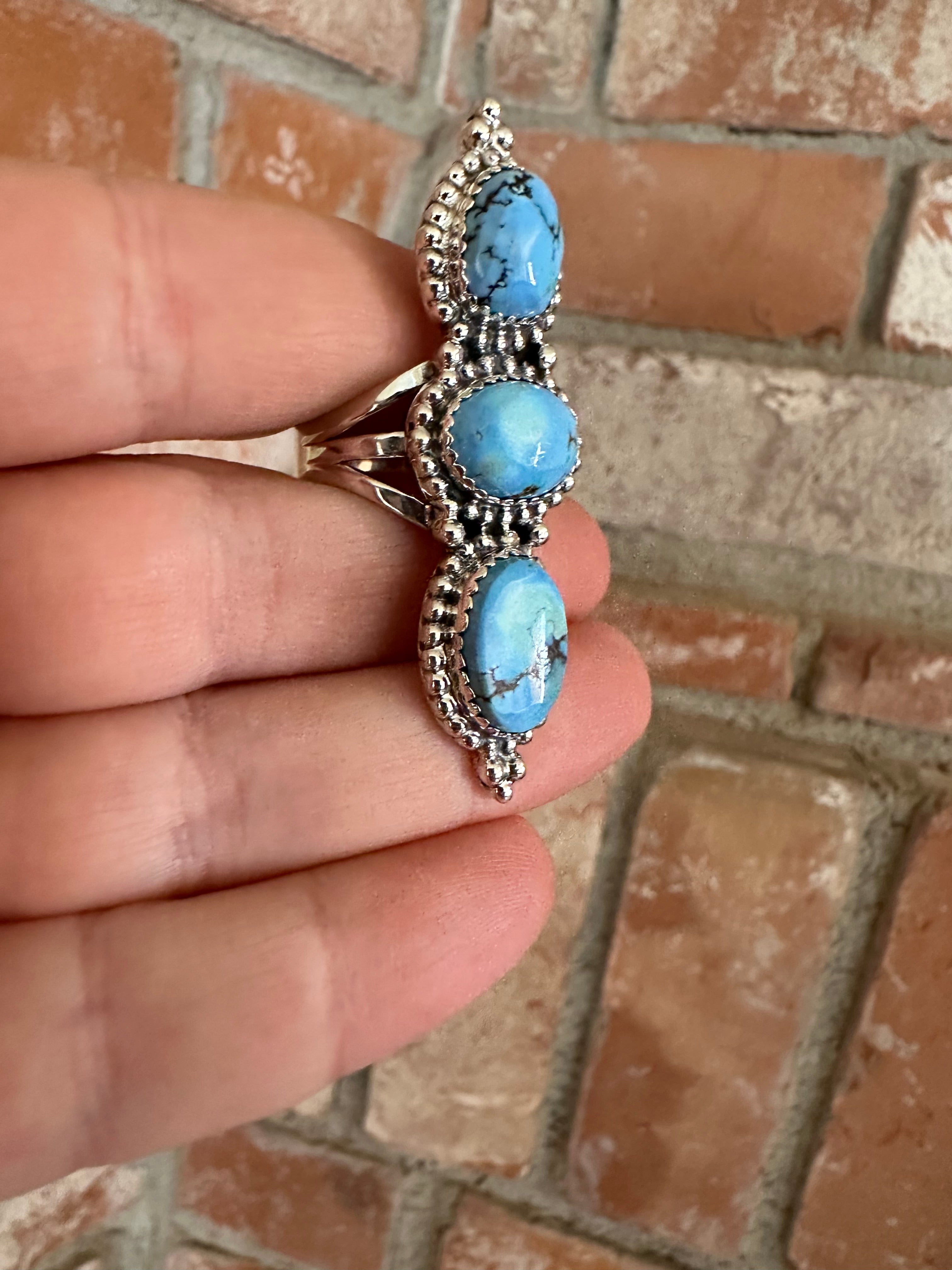 Nizhoni Handmade Golden Hills Turquoise & Sterling Silver 3 Stone Ring