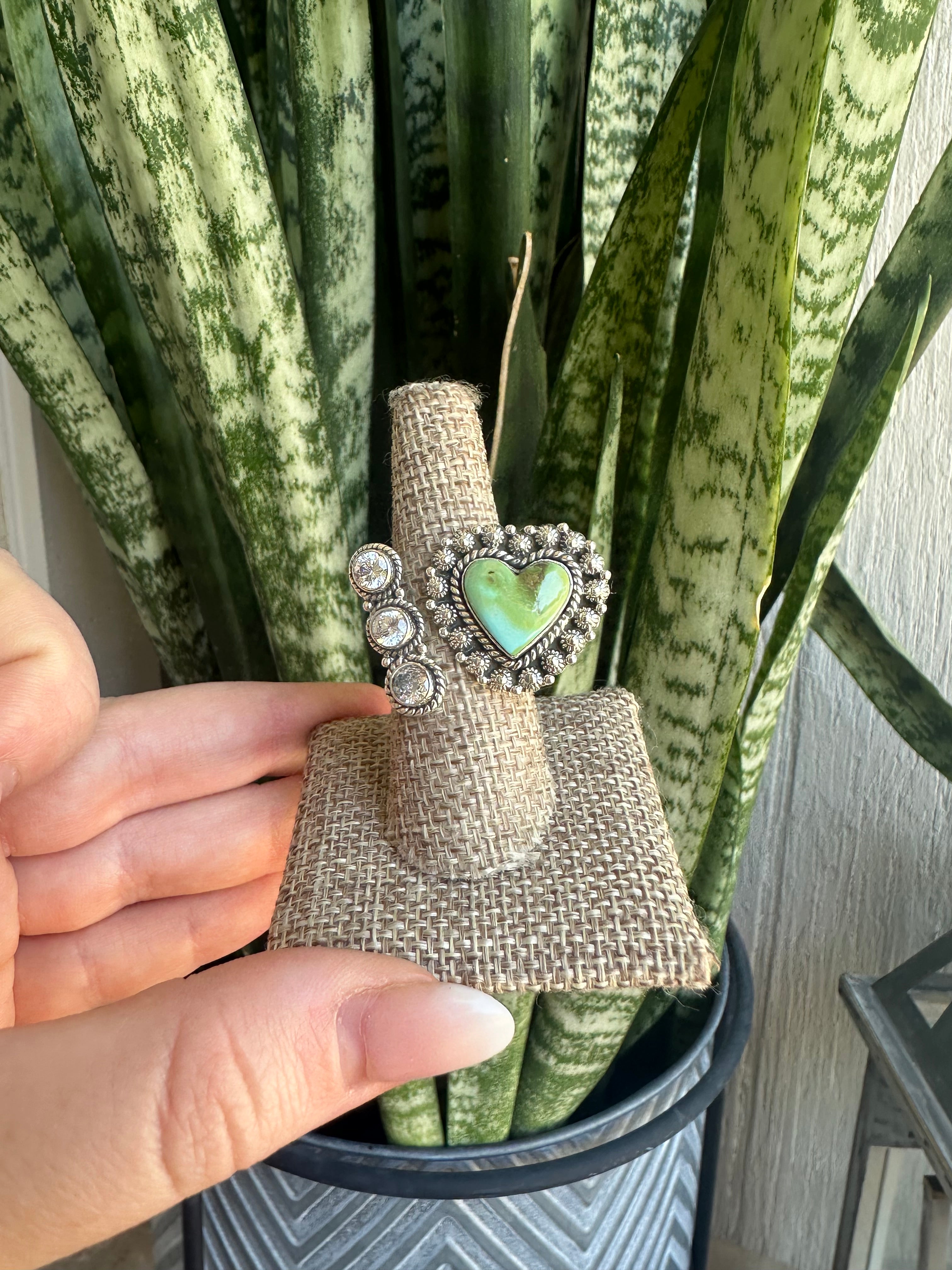 Beautiful Handmade Sonoran Mountain Turquoise, CZ And Sterling Silver Adjustable Heart Ring