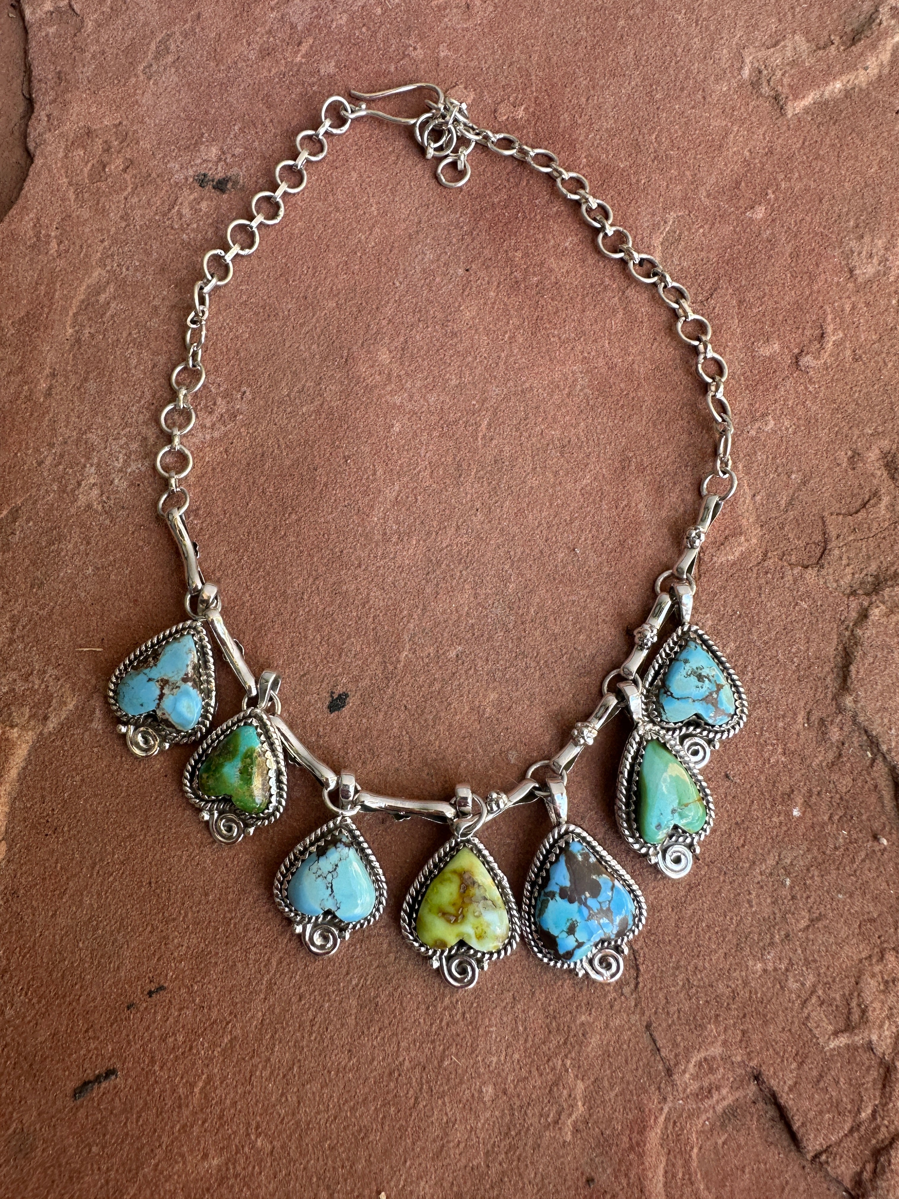 Beautiful Handmade Sterling Silver, Golden Hills Turquoise, Sonoran Turquoise & Palomino Turquoise Charm Necklace