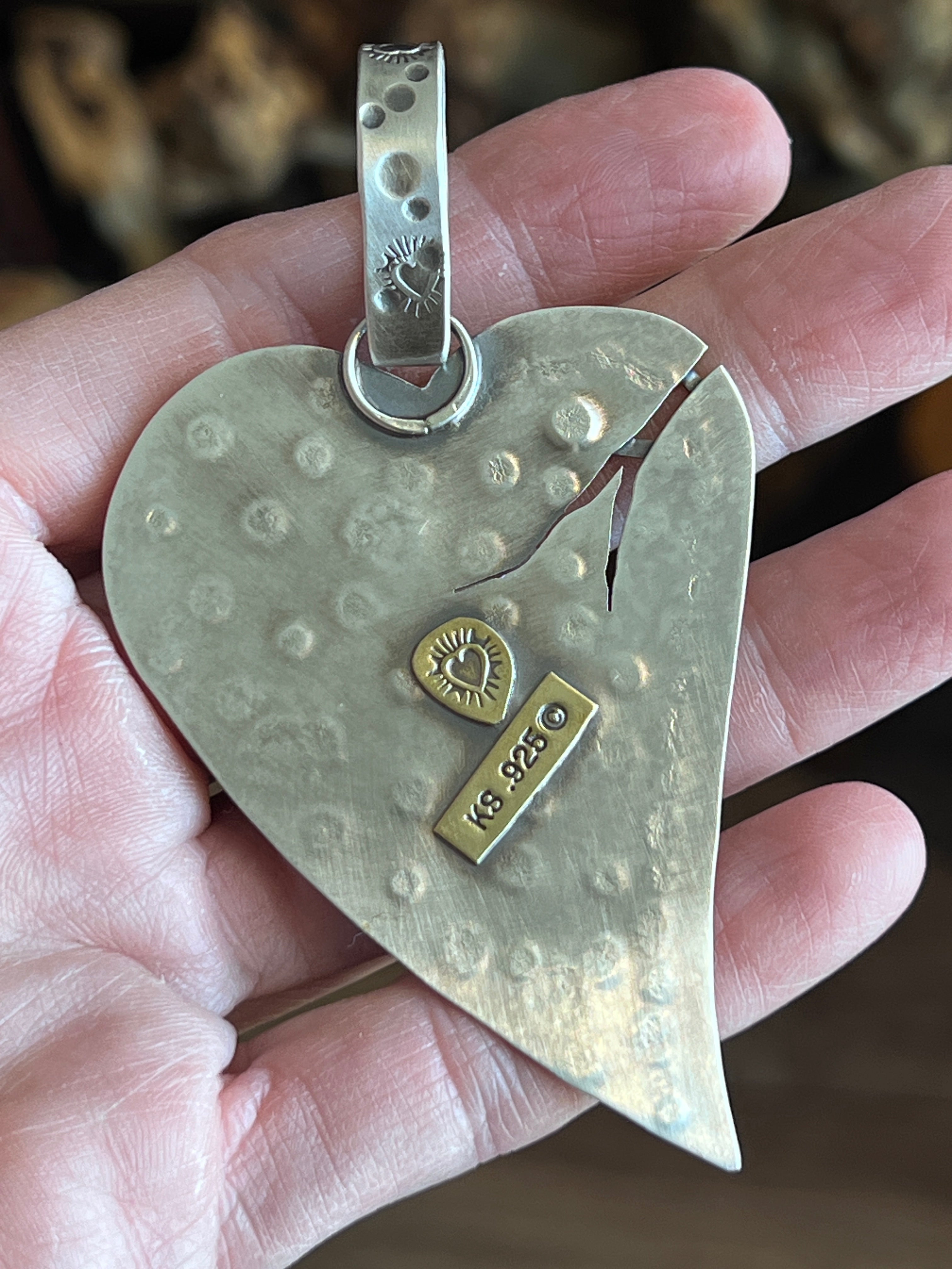 Kimari Somers Hand Stamped Sterling Silver, Brass & Turquoise ‘Mended’ Pendant