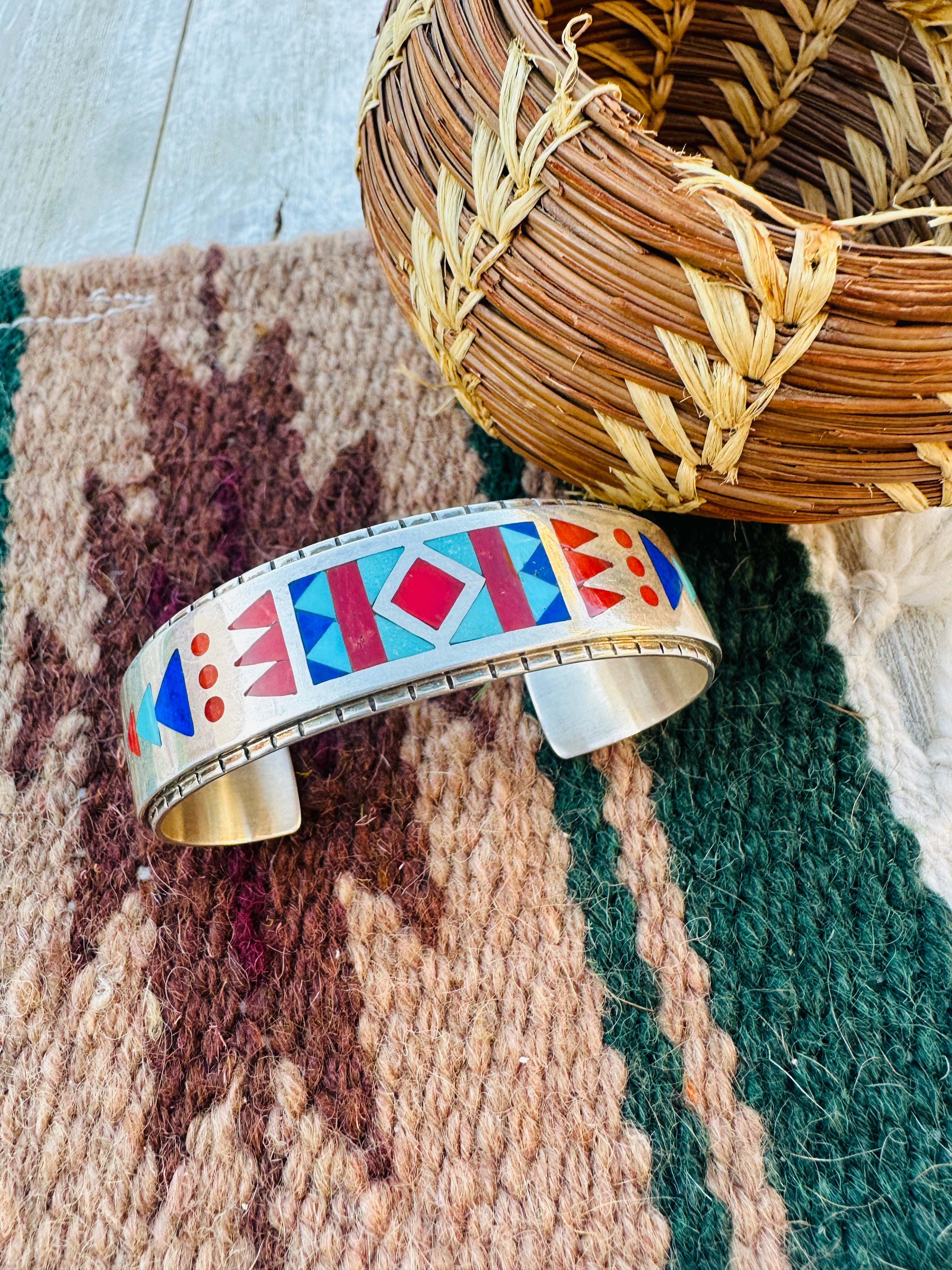 Handcrafted Old Pawn Sterling Silver & Multi Stone Inlay Cuff Bracelet by R.N. Laconsello