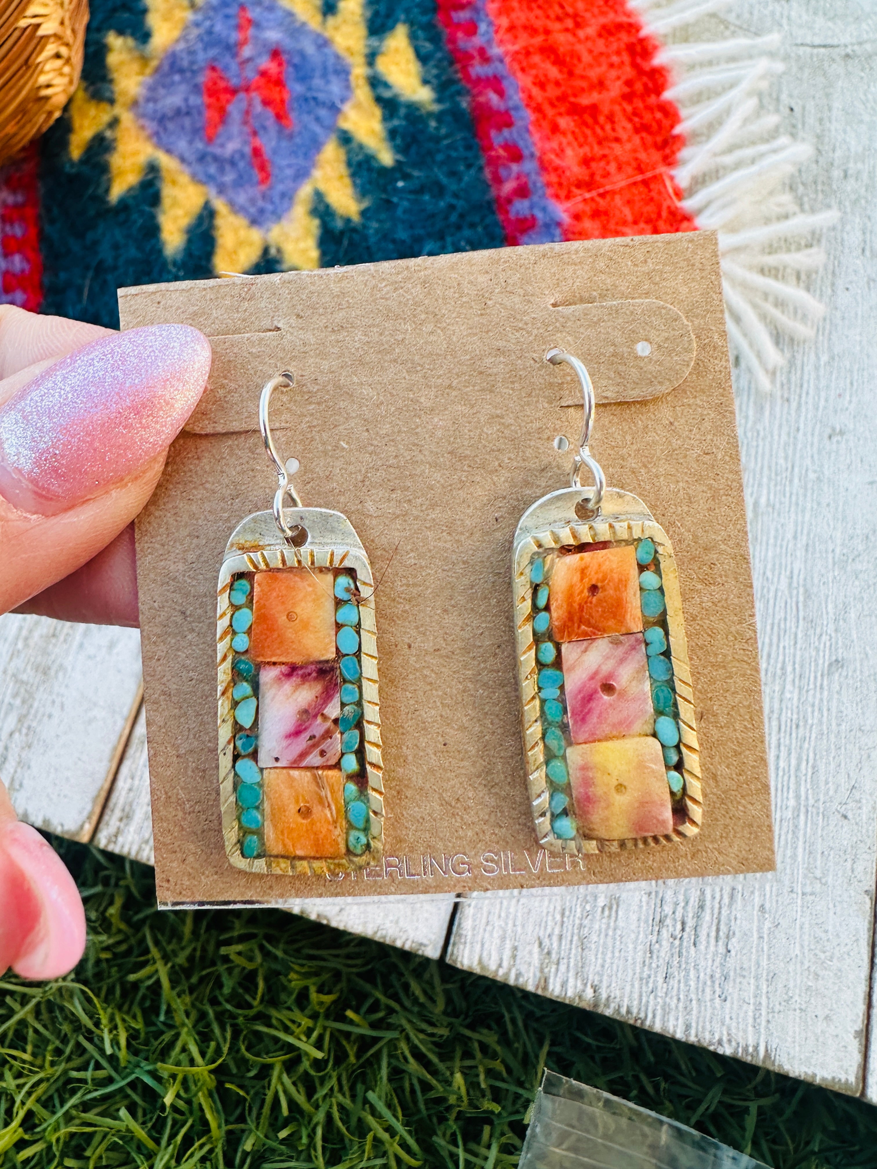 Handcrafted Spiny, Turquoise & Sterling Silver Inlay Dangle Earrings