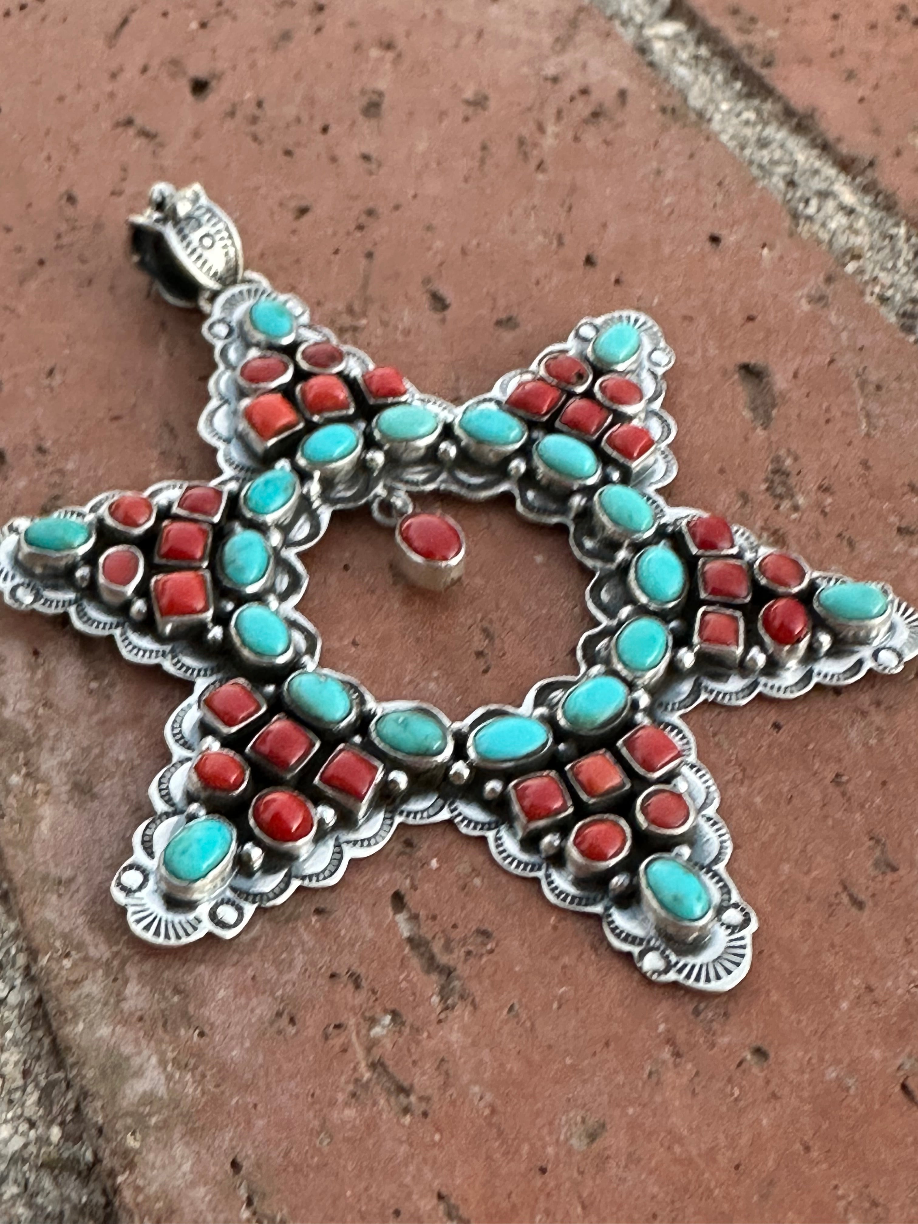 Handmade Sterling Silver, Turquoise & Coral Christmas Star Pendant