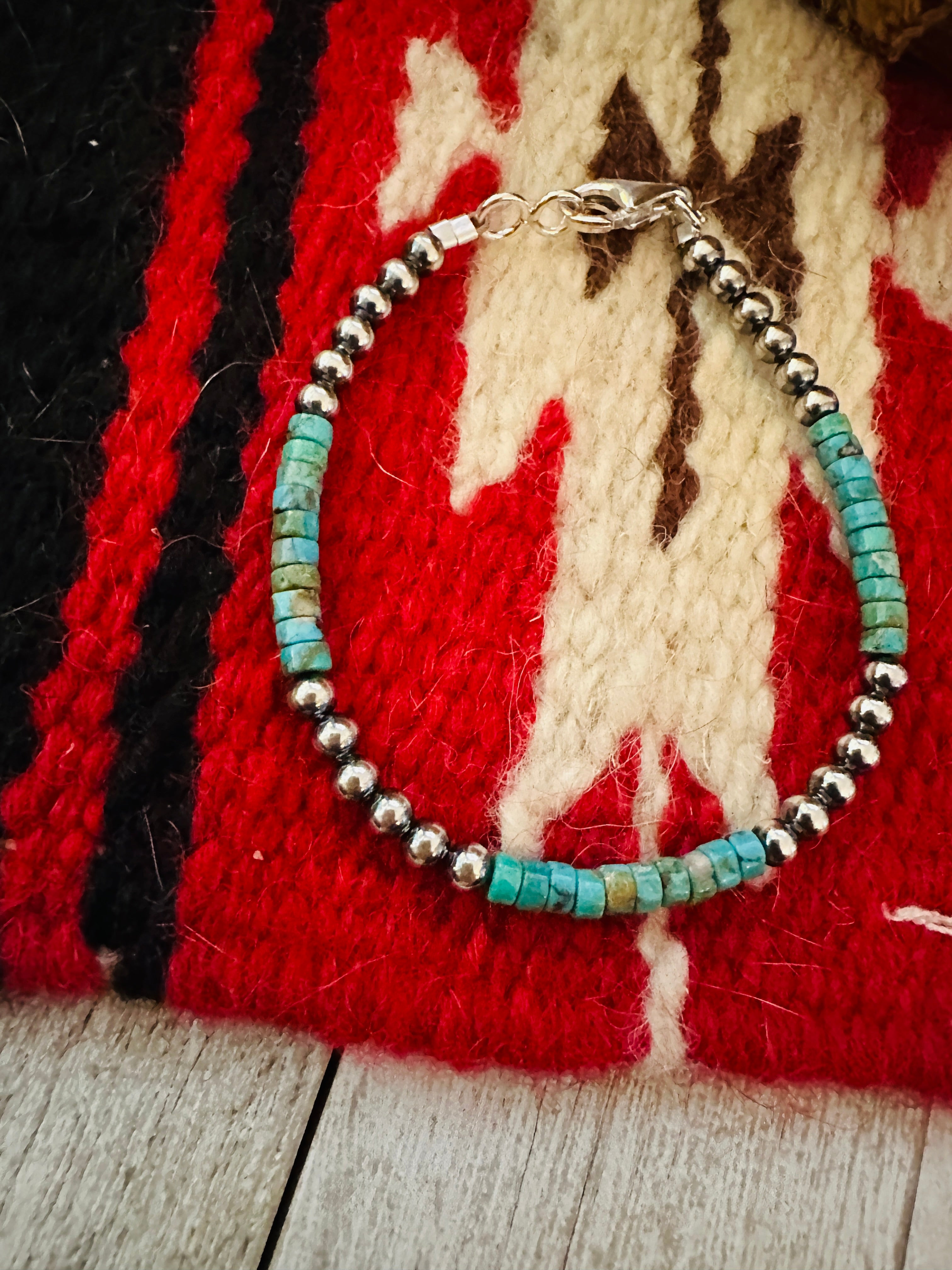 Navajo Turquoise & Sterling Silver Beaded Bracelet 7.5 inch