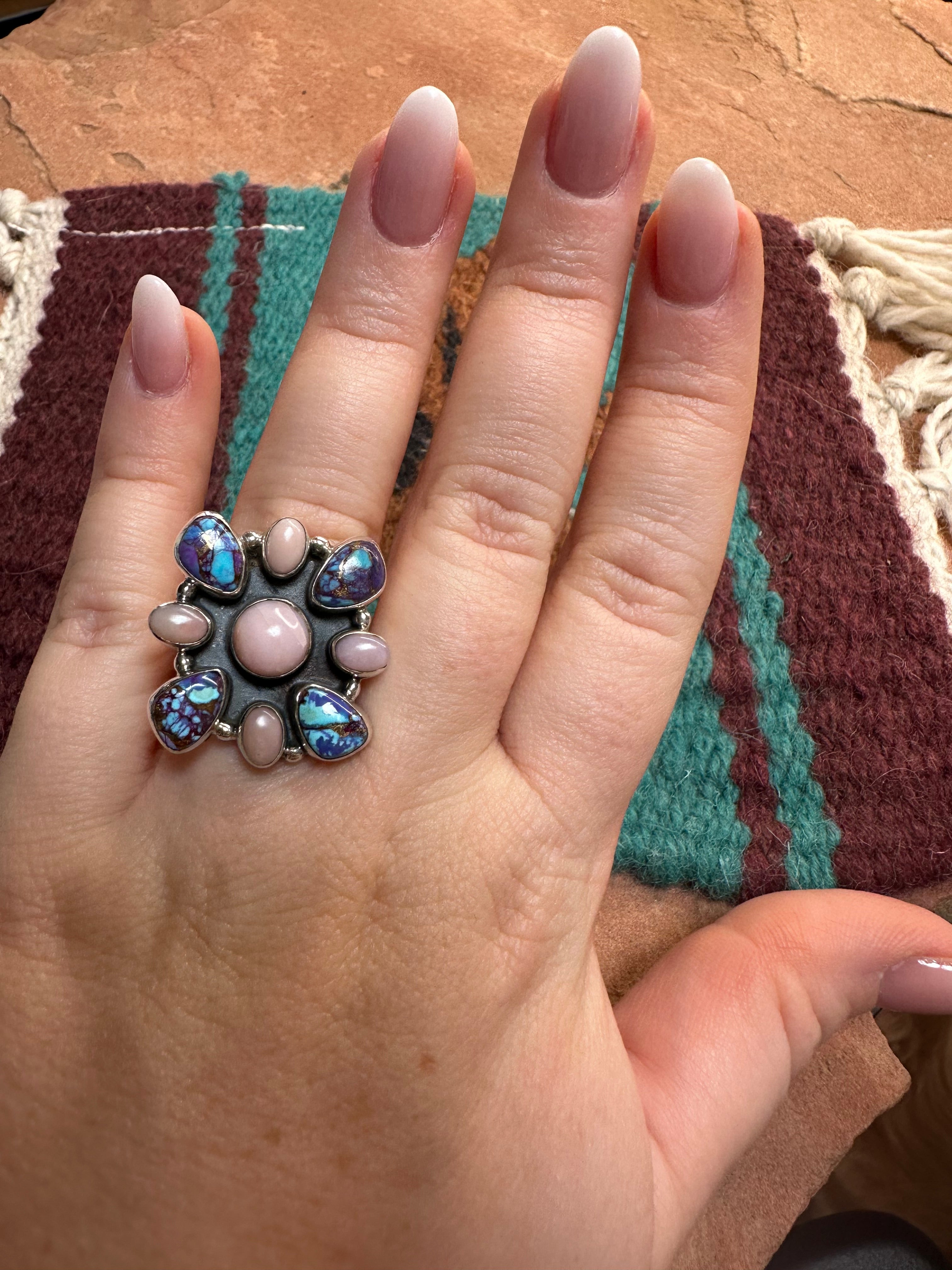 Beautiful Handmade Pink Conch, Purple Dream Mojave And Sterling Silver Adjustable Ring