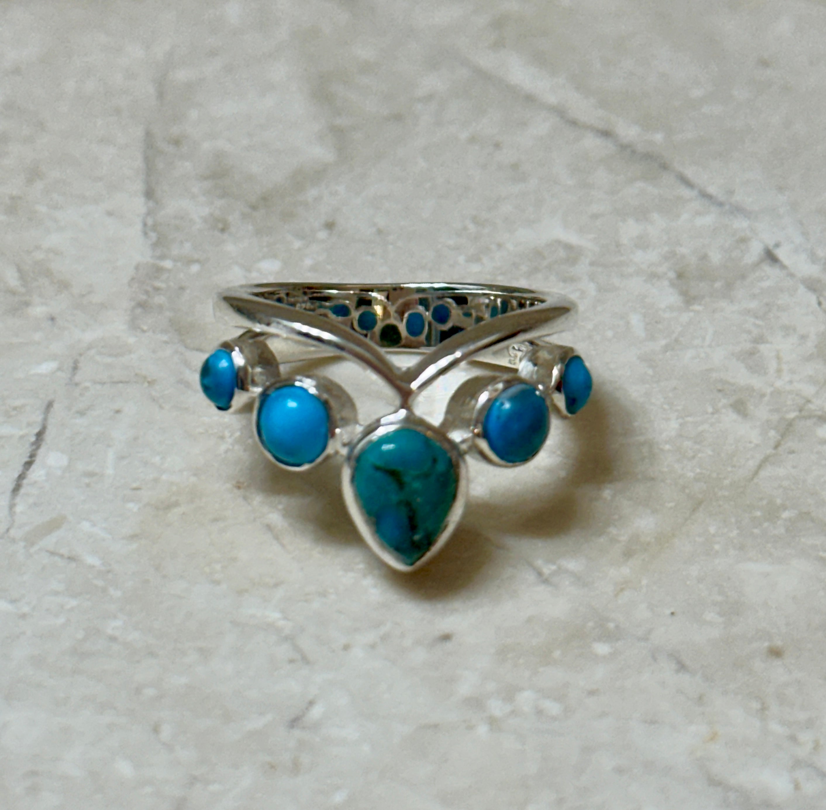 Four Stone Blue Copper Turquoise Sterling Silver Ring Size 6