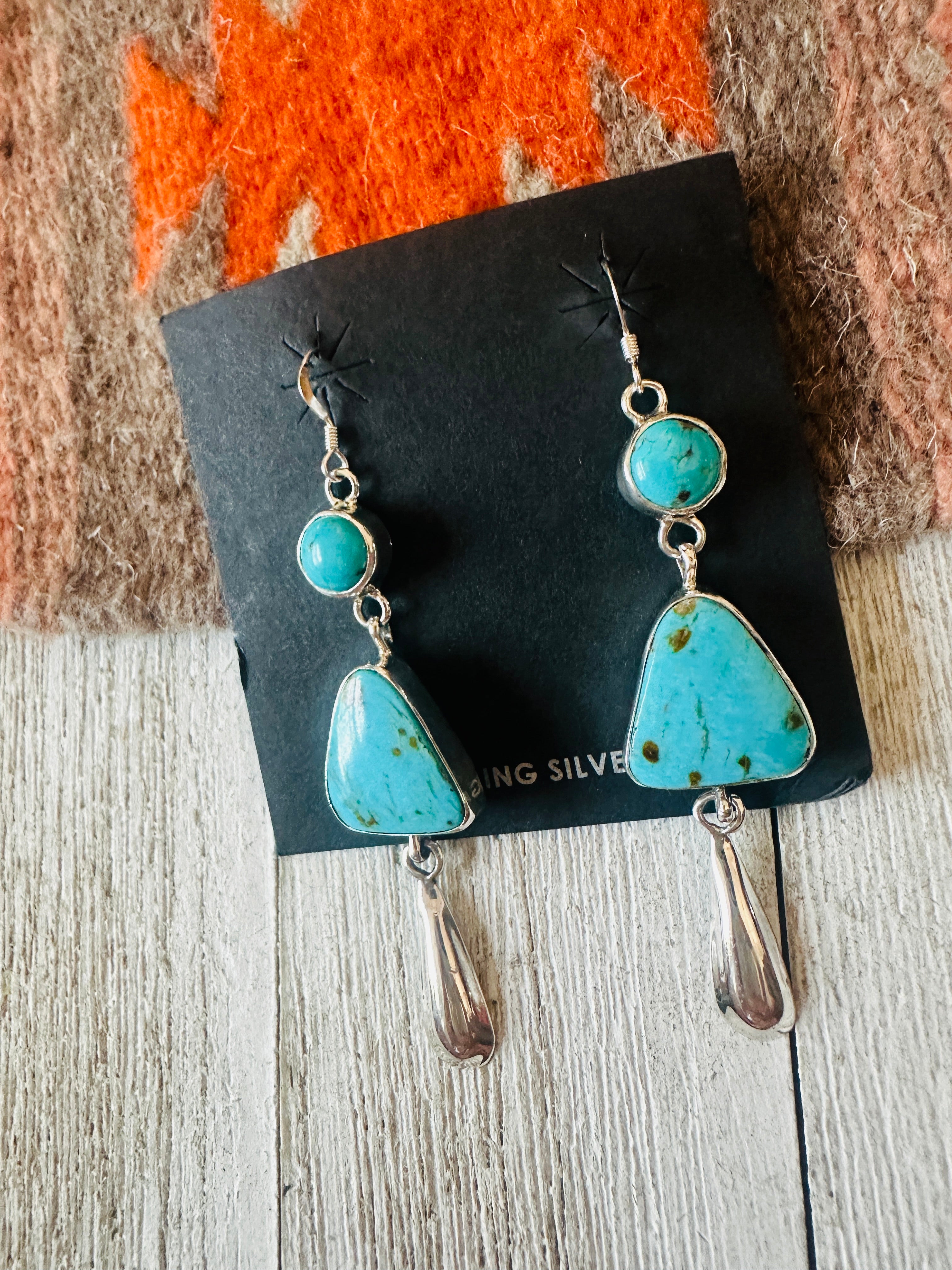 Navajo Turquoise And Sterling Silver Dangle Earrings