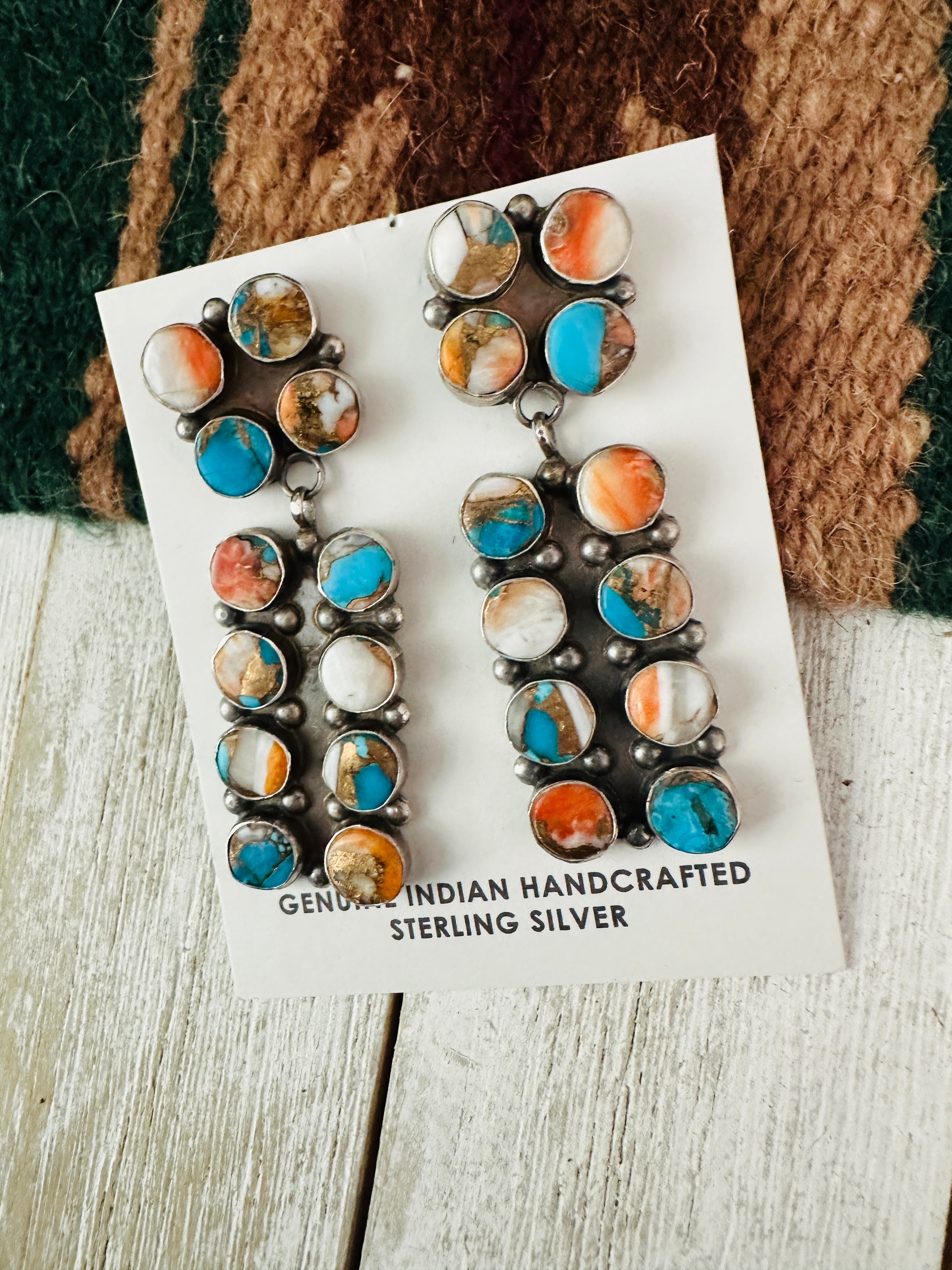 Navajo Multi Stone Spice And Sterling Silver Dangle Earrings by Jacqueline Silver