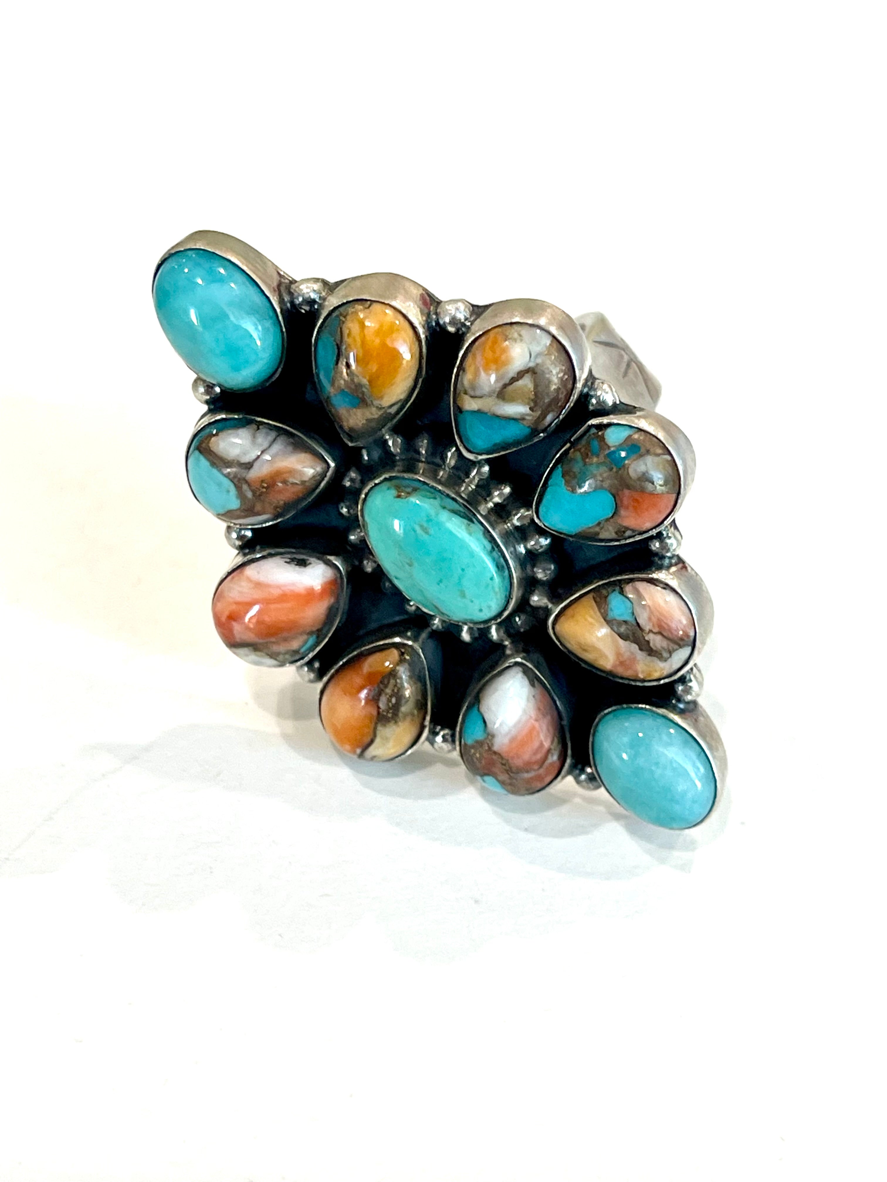 Beautiful Handmade Turquoise, Spice And Sterling Silver Adjustable Ring